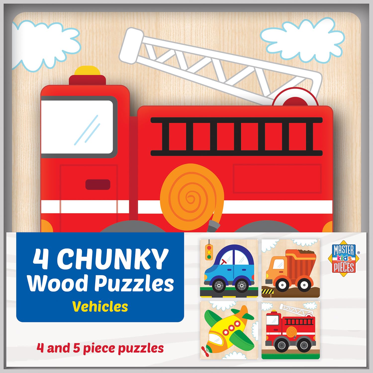 MasterPieces Vehicles Chunky Wood Puzzles 4 Pack - Jigsaw Puzzle with Vibrant Artwork and Durable Pieces - Fun Family Activity Brain Challenge