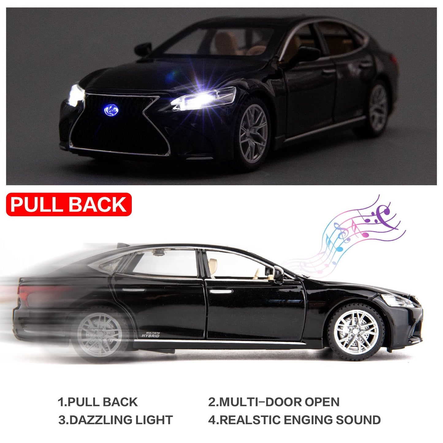 BDTCTK 1/32 Compatible for Lexus Ls500h Model Car, Zinc Alloy Pull Back Toy car with Sound and Light for Kids Boy Girl Gift(Black)