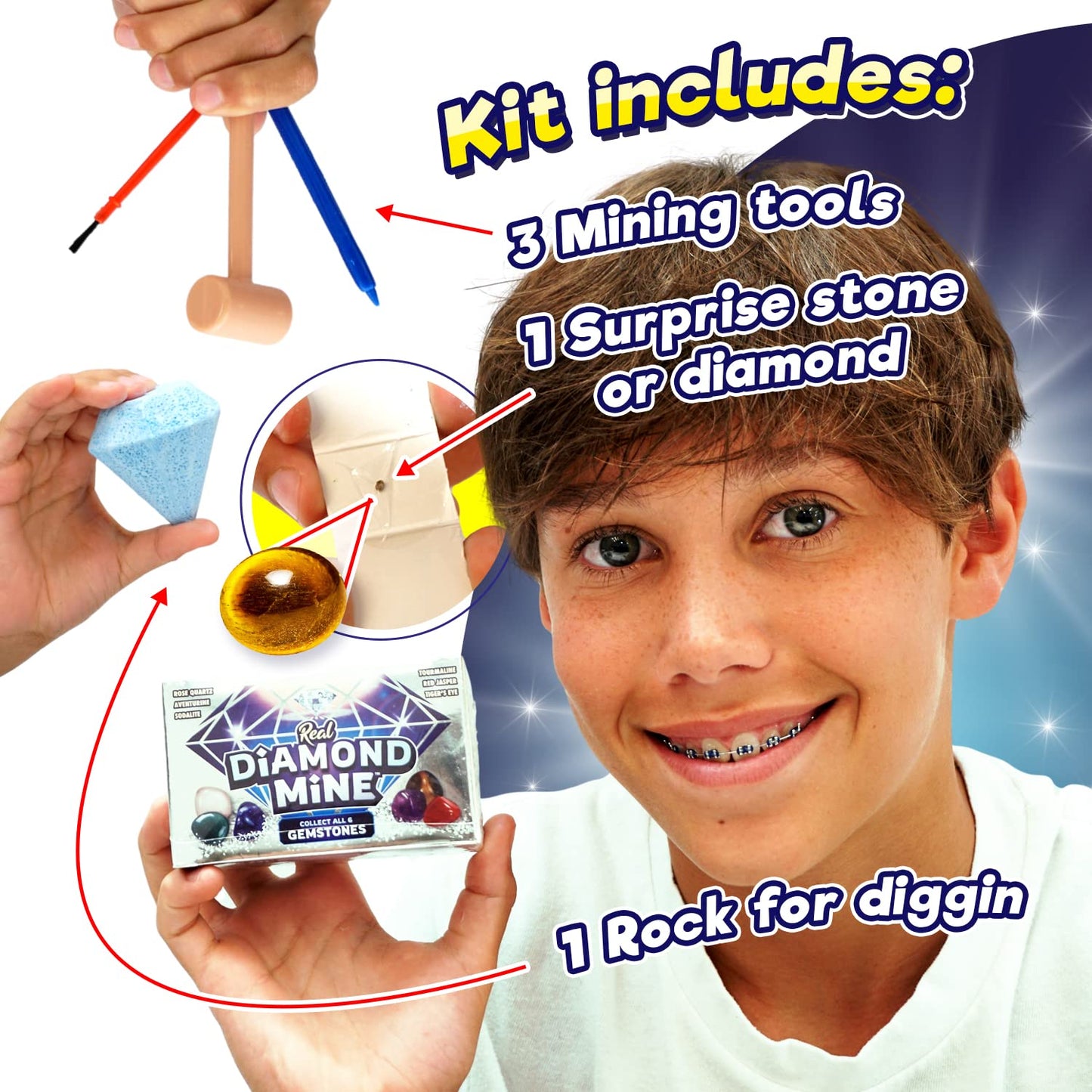 JA-RU Real Diamond Mine Gemstone Dig Kit (2 Packs) Mystery Rock, Minerals, and Gems for Kids | Break Your Own Geodes and a Chance to Get 1 Real