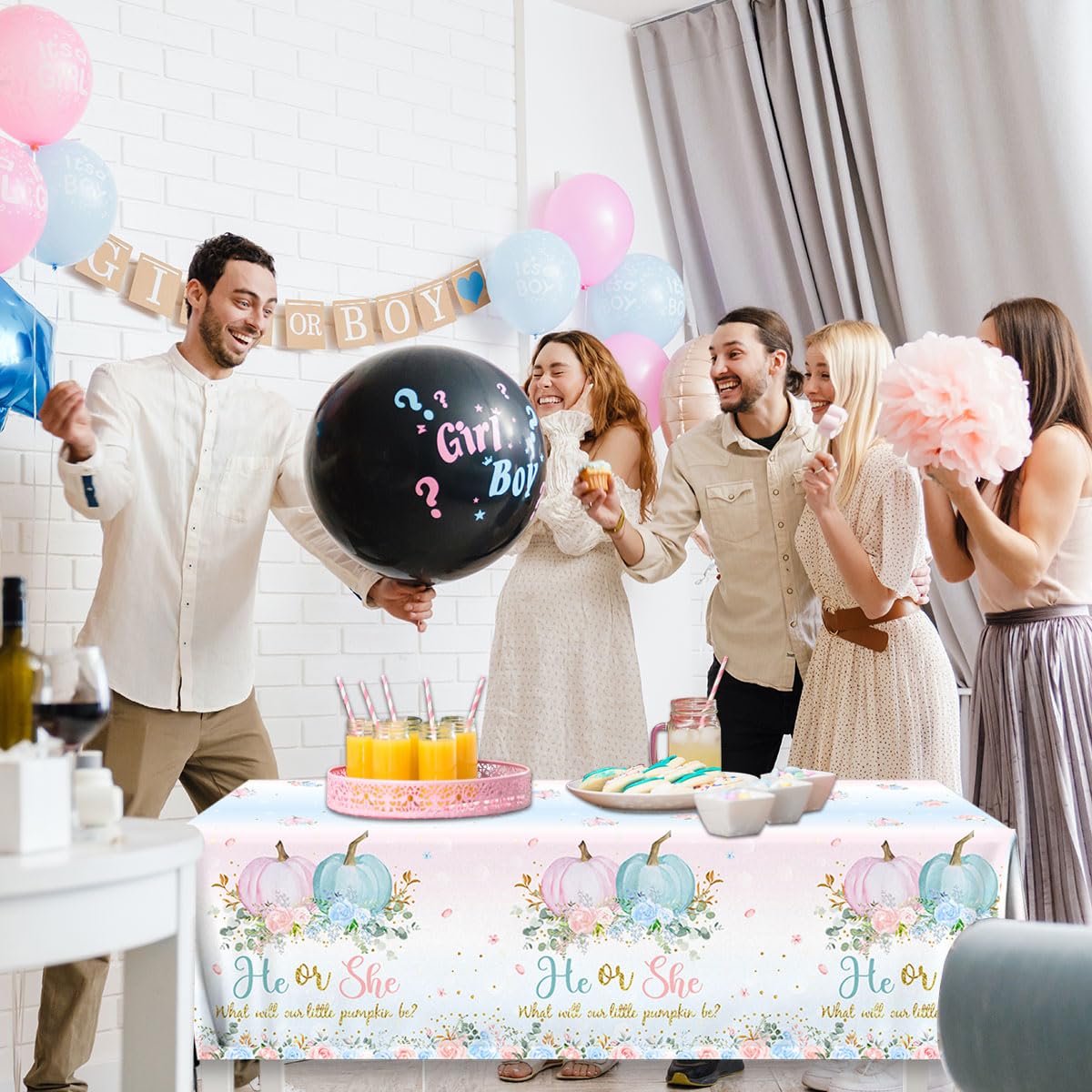 3Pcs Fall Tablecloth Decoration - He or She Gender Reveal Tablecloth Fall Floral Pumpkin Disposable Table Cover Fall Theme Baby Shower Party Supplies
