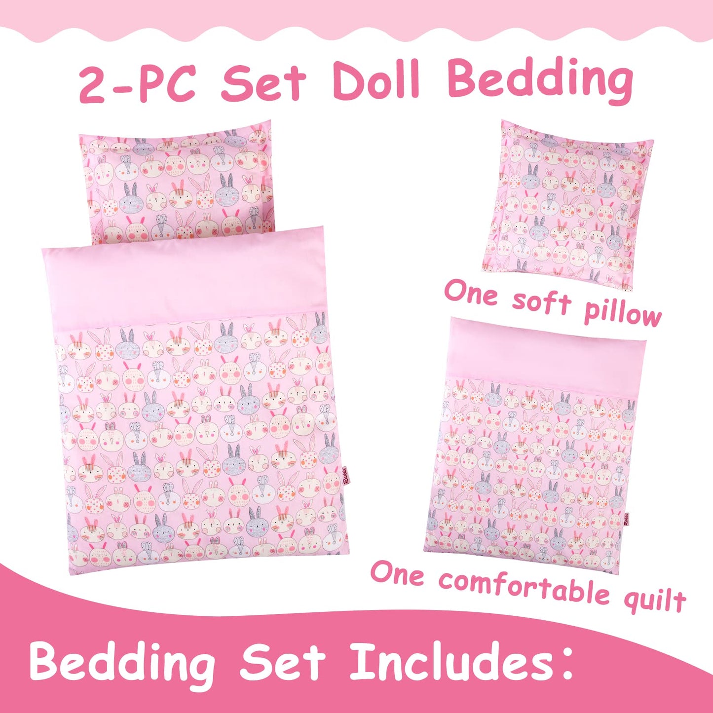 Pink Rabbit Print Doll Bedding Set - Mattress, Pillow & Blanket for 18 Inch Dolls - Includes 1 Mattress, 1 Pillow, 2 Blankets - Cute Doll Accessories