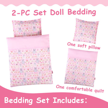 Pink Rabbit Print Doll Bedding Set - Mattress, Pillow & Blanket for 18 Inch Dolls - Includes 1 Mattress, 1 Pillow, 2 Blankets - Cute Doll Accessories