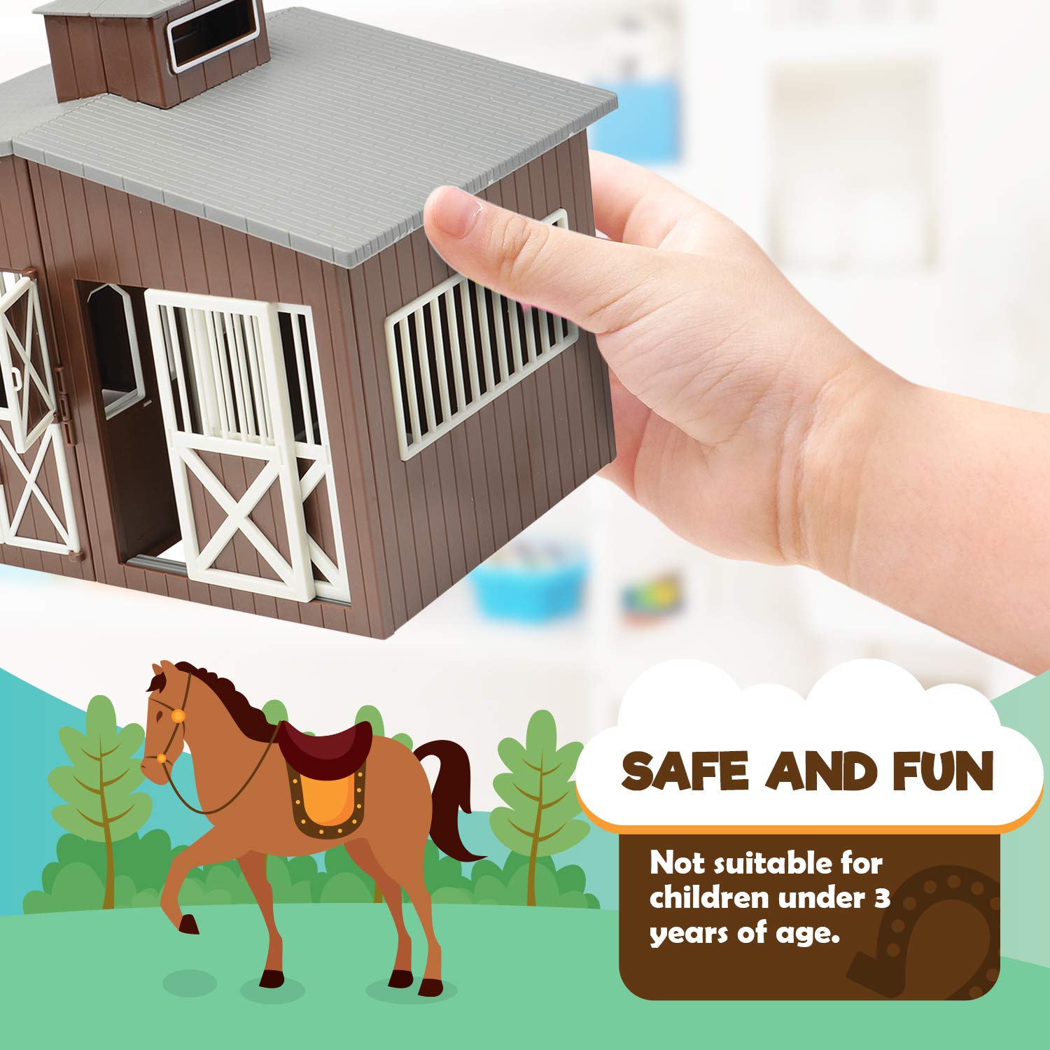 Constructive Playthings Deluxe Toy Horse Stable Playset with 8 Horse Toys and Accessories, BPA-Free Farm Set, Use and Birthday Gifts, Brown, 23 pc