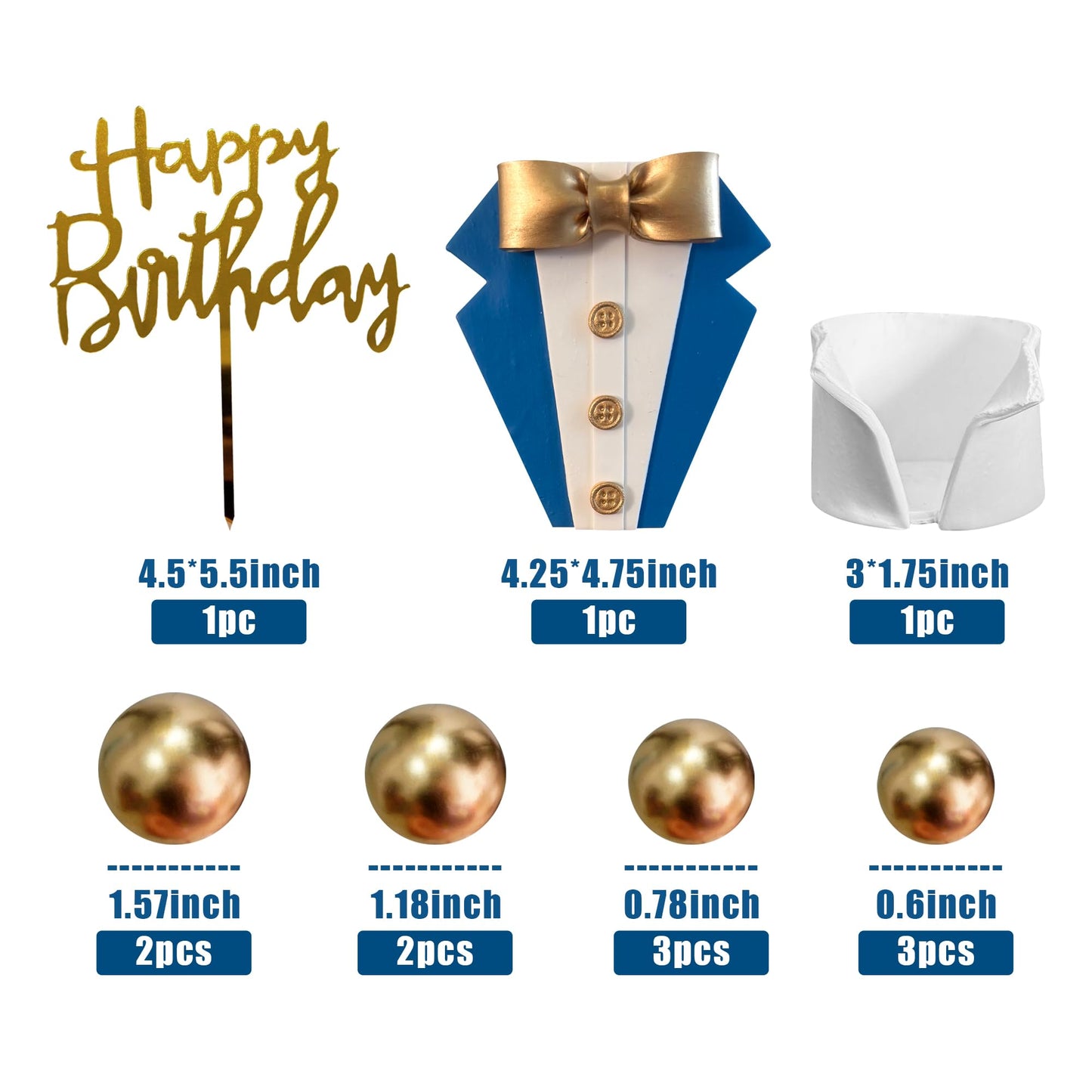 Suit Cake Topper Navy Blue Boss Cake Decorations with Golden Balls for Man Birthday Father Theme Decoration Supplies