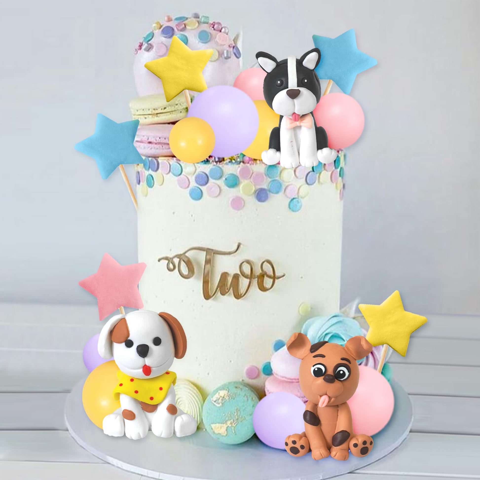 Dog Cake Topper Clay Figurines - Puppy Star Yellow Pink Purple Ball Cake Topper for Dog Theme Birthday Cake Decorations (Style 01)
