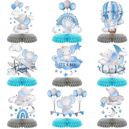 9 Pcs Elephant Baby Shower Honeycomb Centerpieces Party Decor for Boys,Cute Blue Elephant Honeycomb Balloons Star Moon Topper 3D Table Decoration