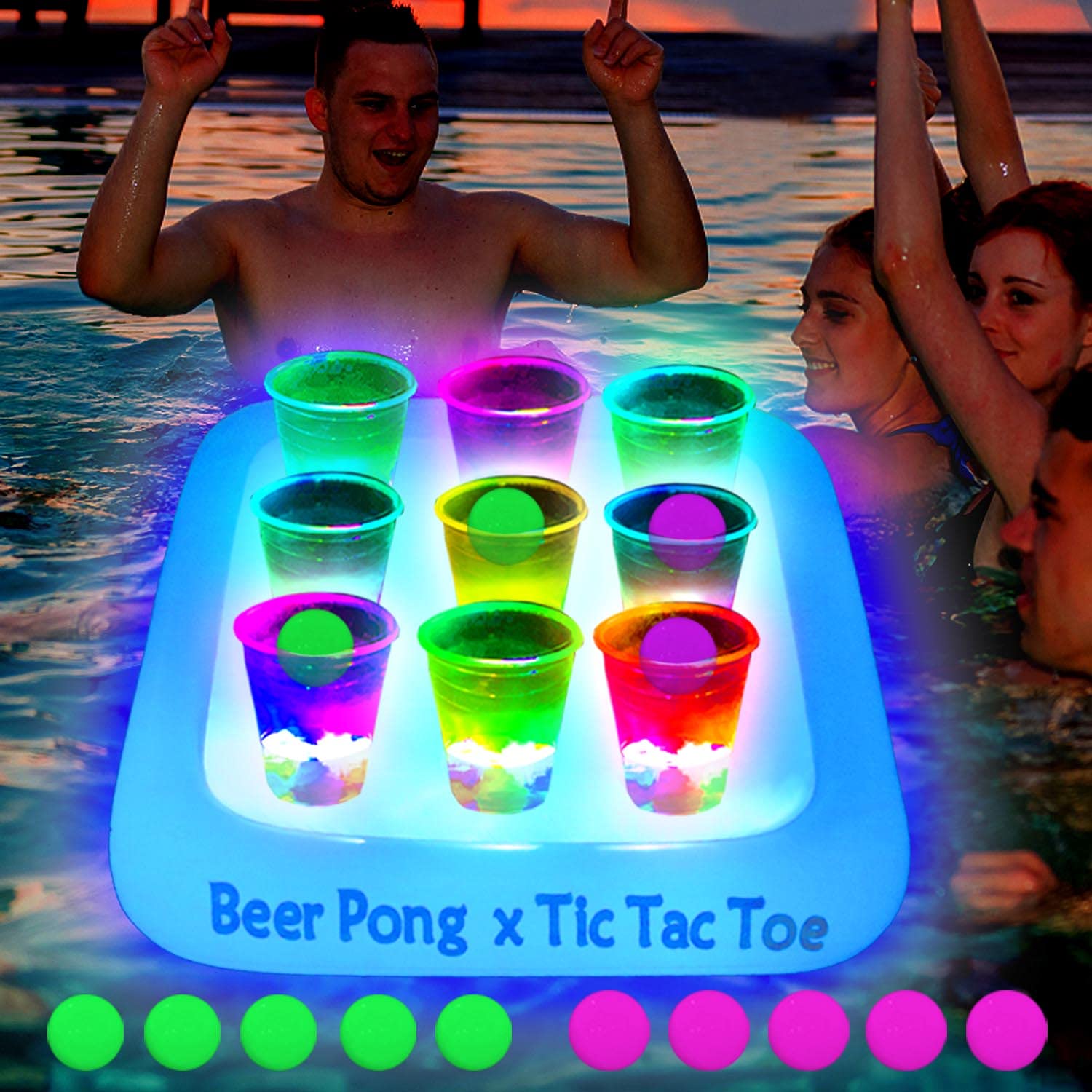Ahuimeius 23 x 23 Inch Glowing Pool Party Rack Tic Tac Toe Floating Rafts, Swimming Pool Pong Party Game Drinking Game and Drink Holder, Includes 1