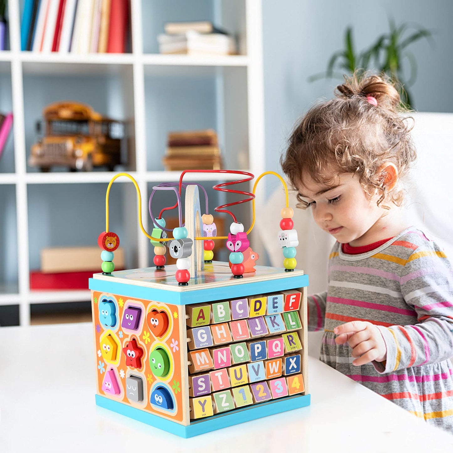Qilay 5-in-1 Wooden Activity Cube for Toddlers 1-3(Large),Multipurpose Toddler Activity Center with Bead Maze & Shape Sorter, Early Educational Toy