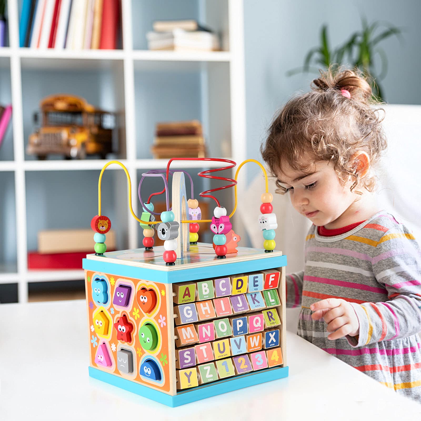 Qilay 5-in-1 Wooden Activity Cube for Toddlers 1-3(Large),Multipurpose Toddler Activity Center with Bead Maze & Shape Sorter, Early Educational Toy