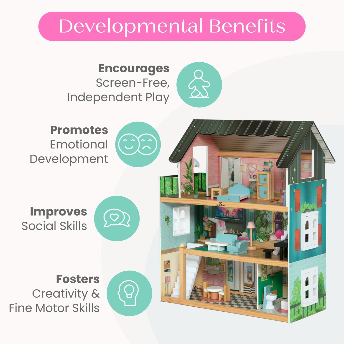 Delta Children South Beach Dollhouse - 3-Story Dollhouse with 4 Rooms - Includes 16 Accessories - Fits 5-inch Dolls - Pretend Play Dream Gift for Ages