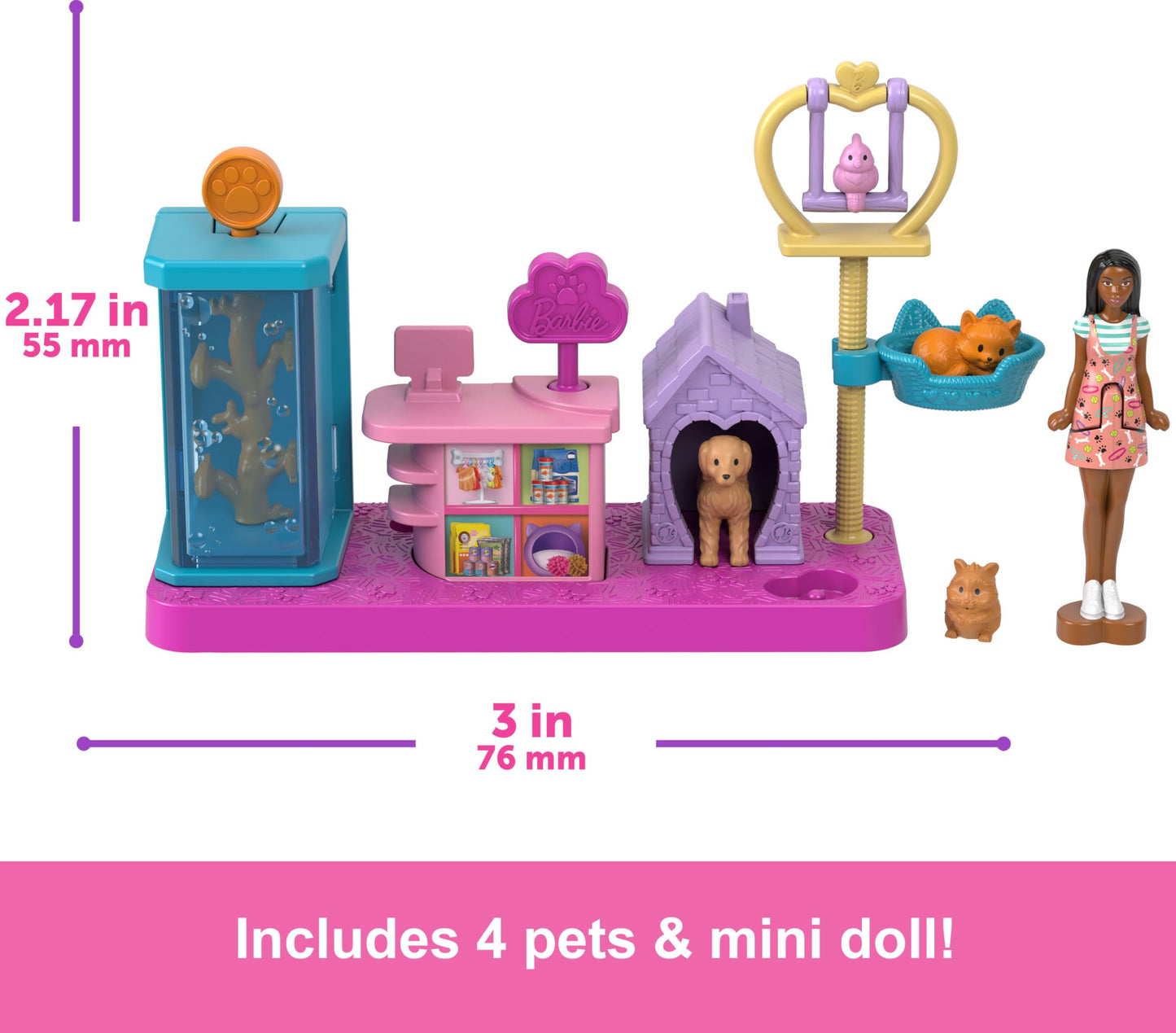 Barbie Mini BarbieLand Collectible Pet Boutique Playset with 1 1/2-Inch Doll, Product Display, Check Out Stand, Pet House & Cat Baskets