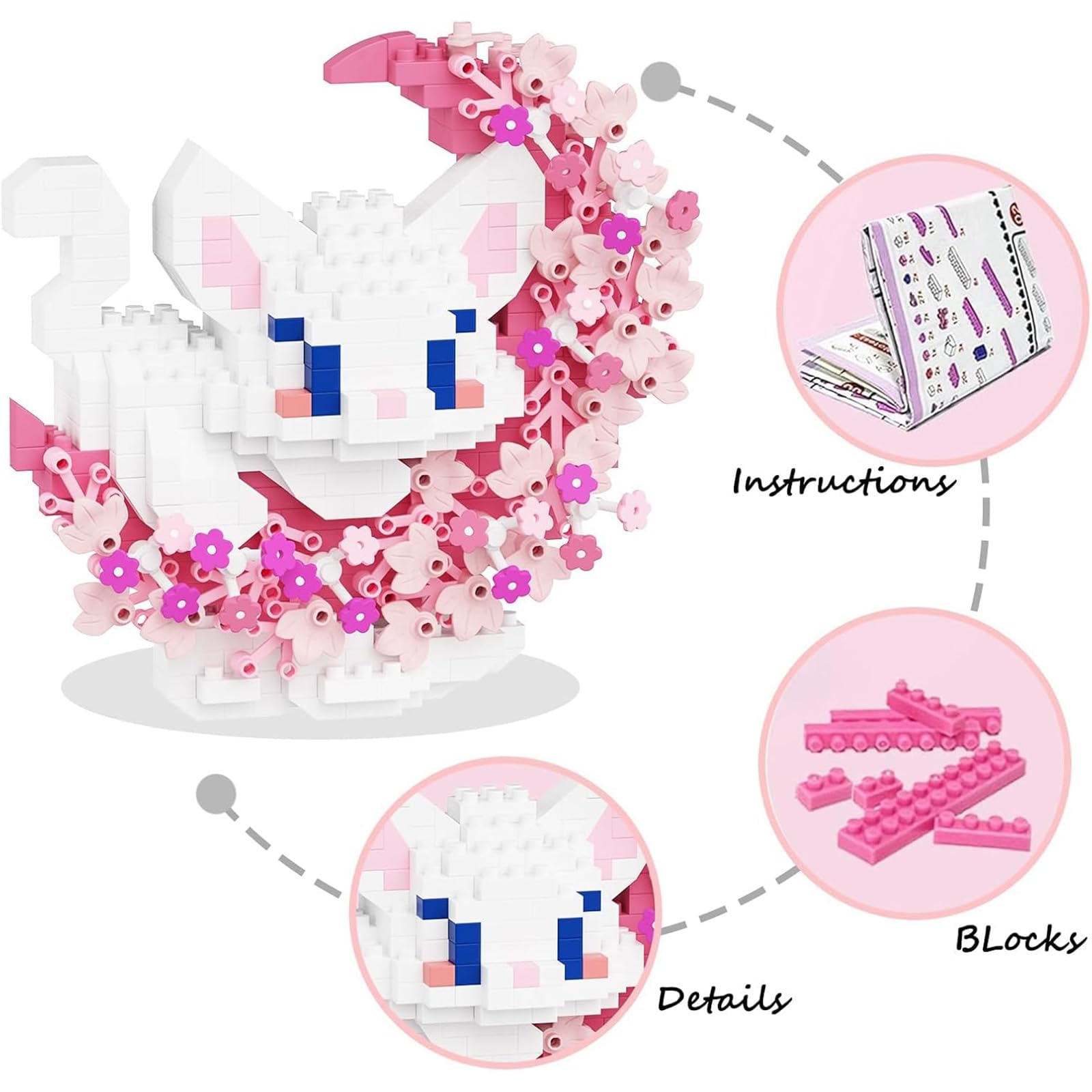 TENYEAH 2 in 1 Mini Building Block Set Animals with Flower and Moon, Micro Brick Toy Cats, Creative Art Craft and Home Decor, Birthday Gifts Idea