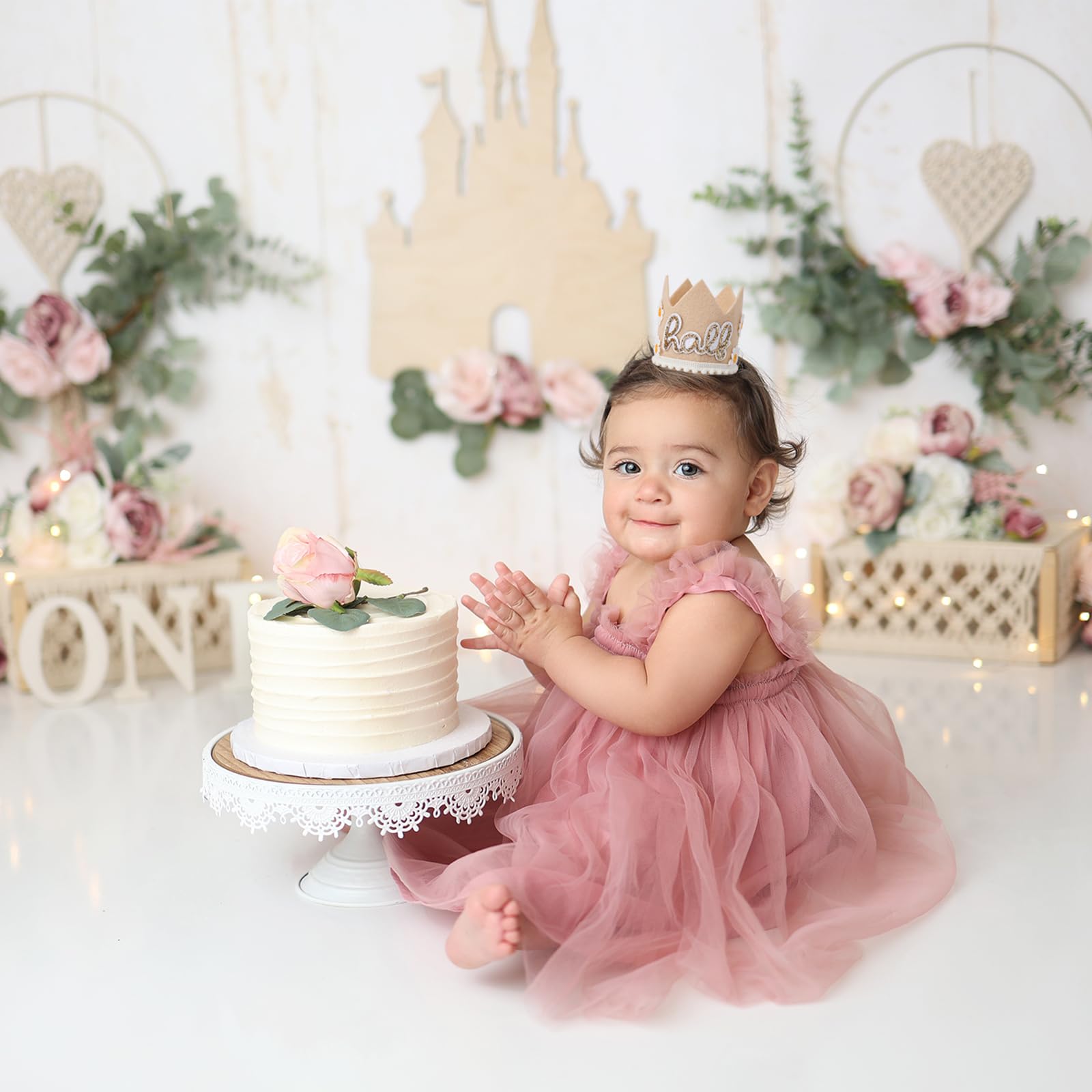 YOUAME Daisy Half Birthday Crown - Boho Party Decorations, Girls 1/2 Birthday Outfit, Bohemian Decor and Smash Cake Photo Props