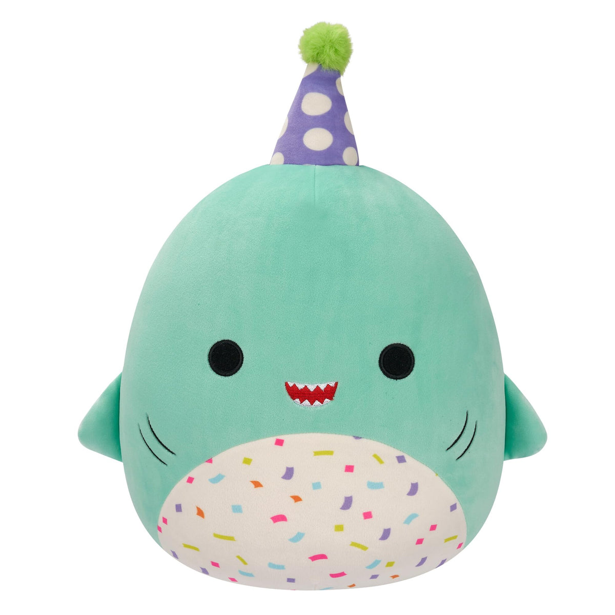 Squishmallows Original 12-Inch Sharon The Teal Shark with Party Hat + Confetti Belly - Official Jazwares “Happy Birthday” Plush (Medium-Sized)
