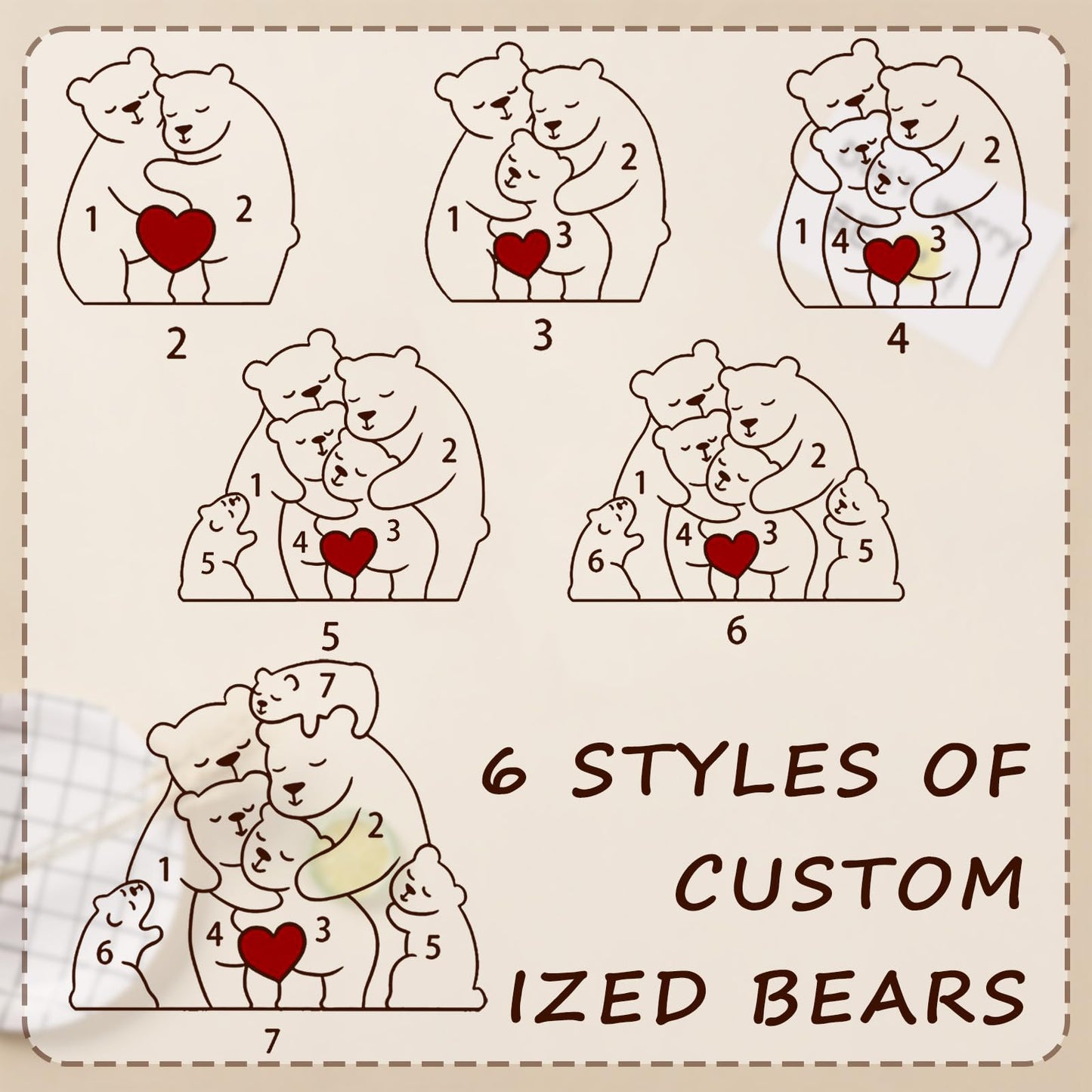 XSTZR Personalized Wooden Bear Puzzle with Names Hugging Bears Family Puzzle Custom Mom/Dad/Family Members,Christmas DayPresent (Hug the Bear 1)