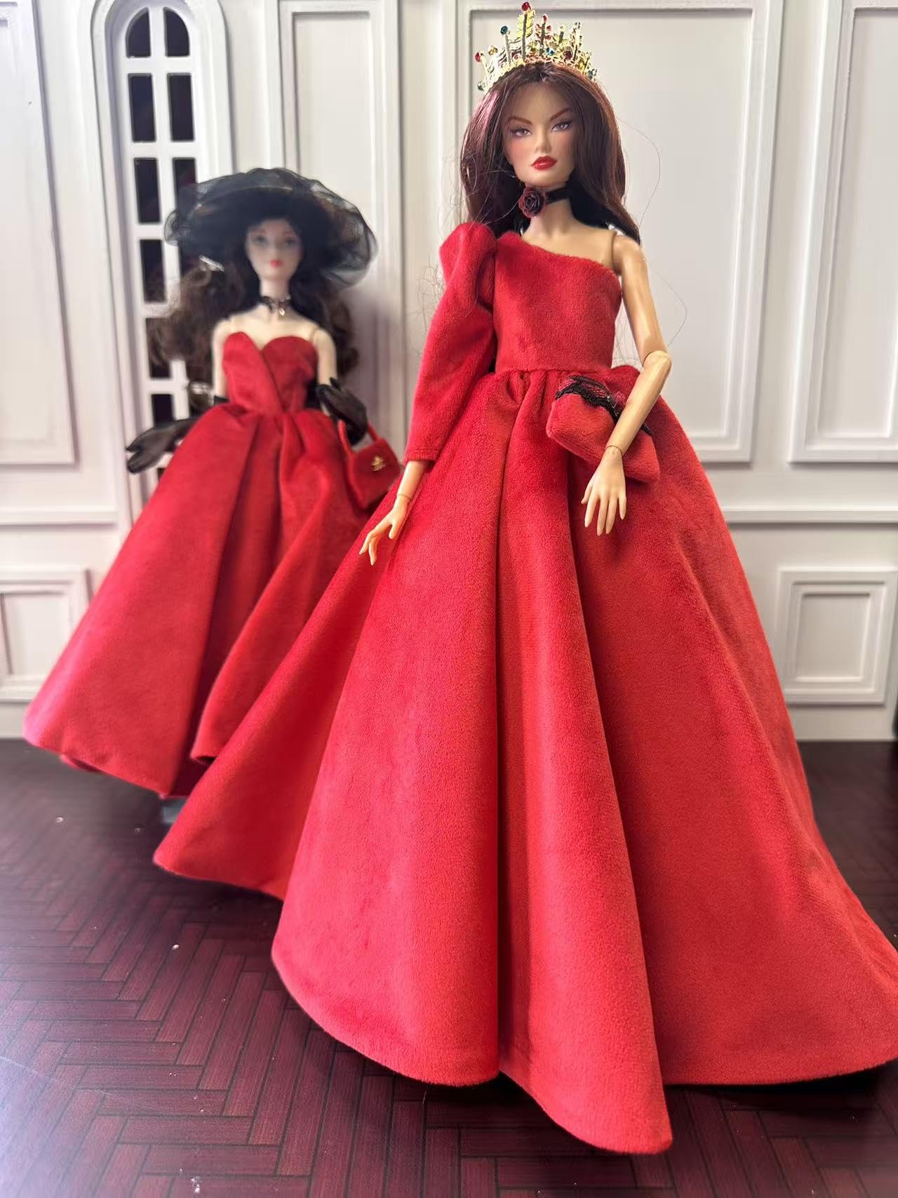 Luxury Fashion Doll Evening Dress Set, Red Velvet Gown with Black Accessories, 11.5-12 Inch Doll Size(Queen's Dress Playline