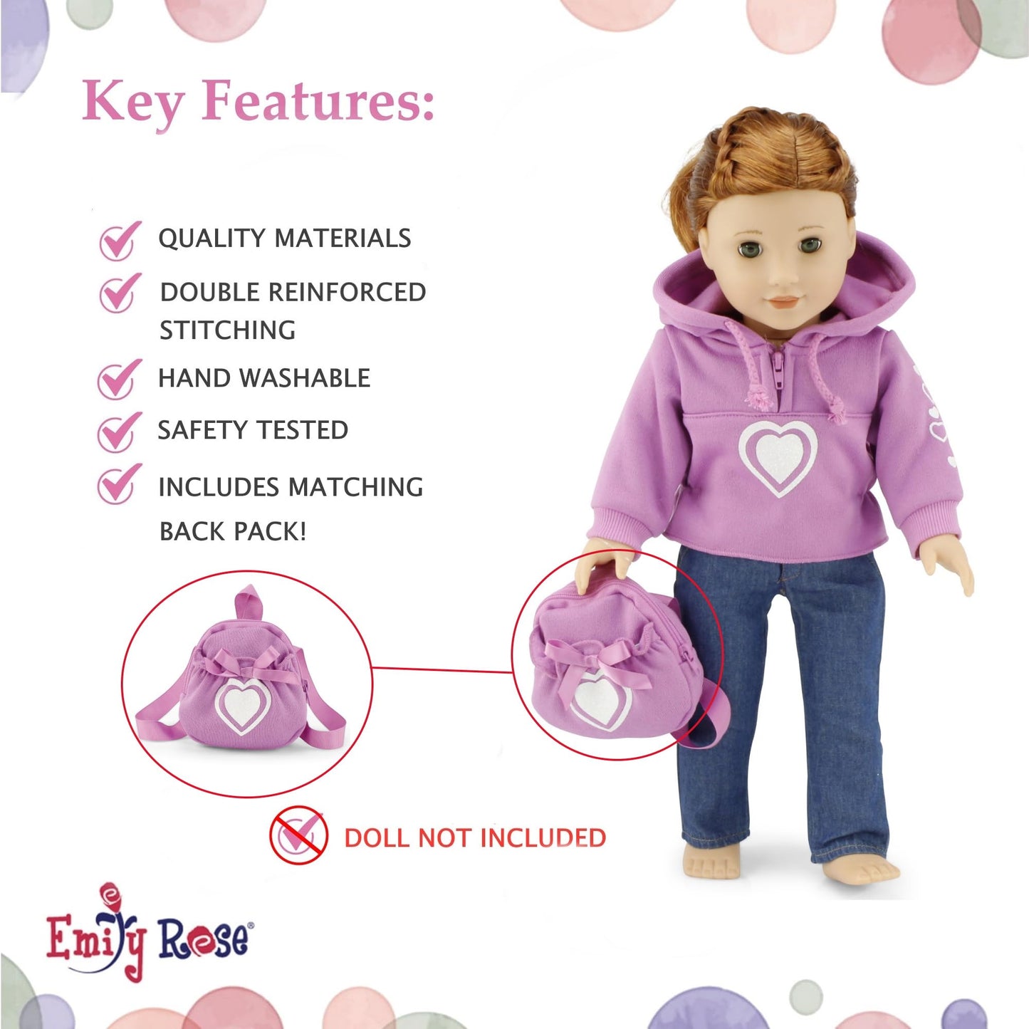 Emily Rose 18-inch Doll Pink Hoodie Outfit - 3-Piece Set with Sweatshirt, Jeans & Matching Backpack - Gift Boxed 18” Doll Clothes - Compatible