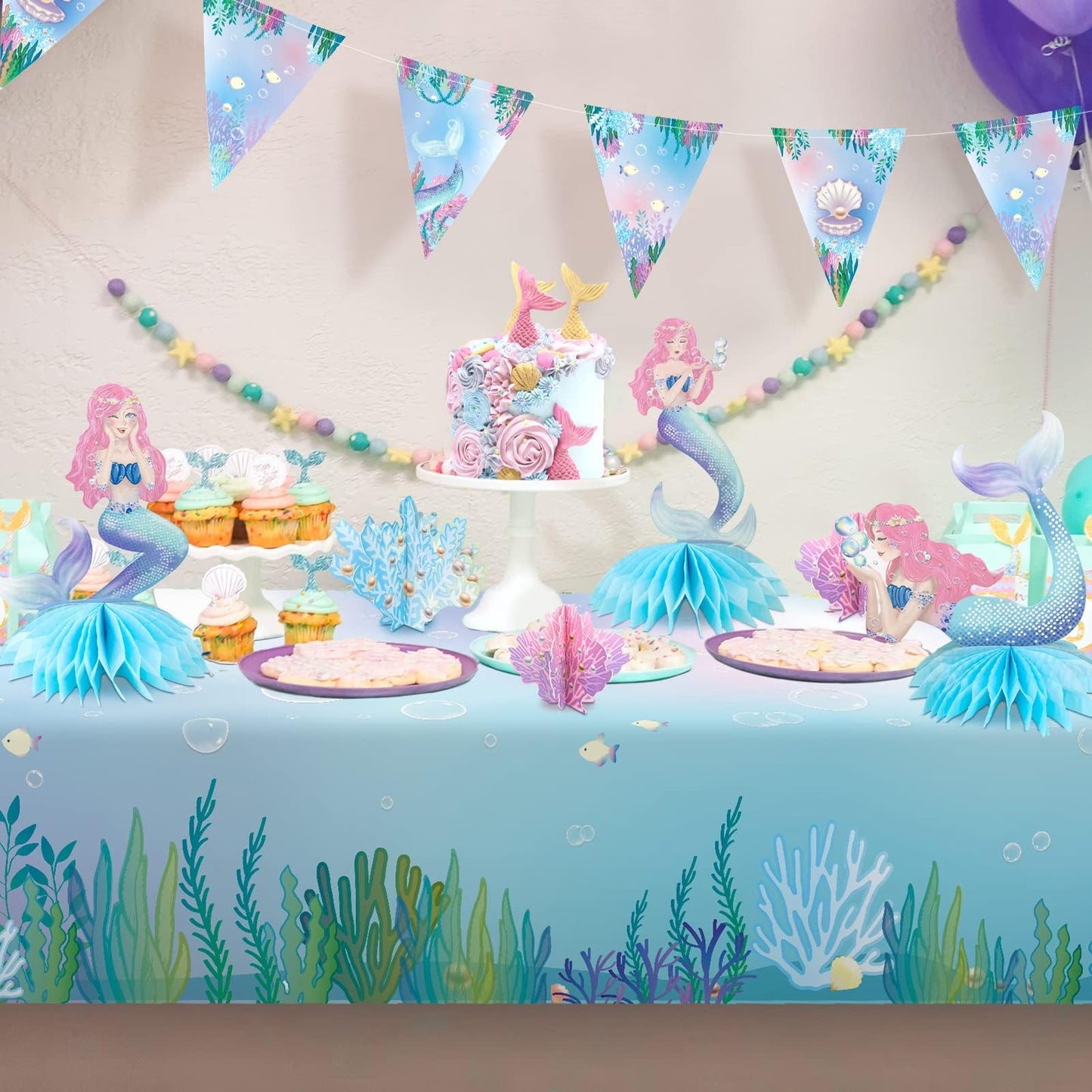 Decor365 Pink Blue Mermaid Centerpiece Under The Sea Table Decorations Girls Birthday Decor Ocean Coral Little Mermaid Theme Bday Tea Party Supplies