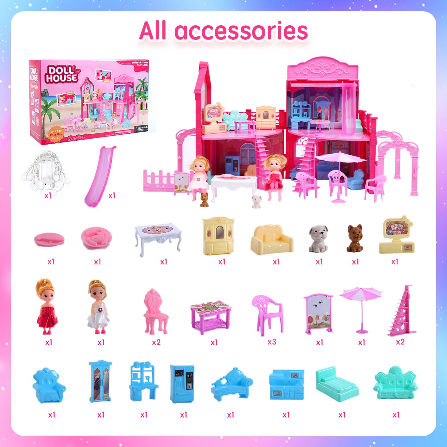 BRAITEN Doll House, with 4 Rooms, 2 Dolls, Toy Furniture Accessories, Pet Play Area?Slide Dollhouse Dlayset, Dollapsible Portable Playhouse