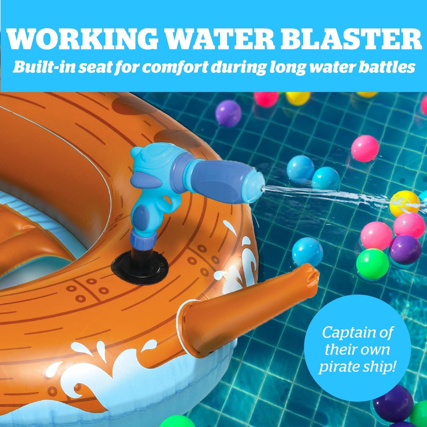Pirate Ship Water Blaster Float, Inflatable Ride-On with Spray Gun for Kids, Outdoor Swim Toy