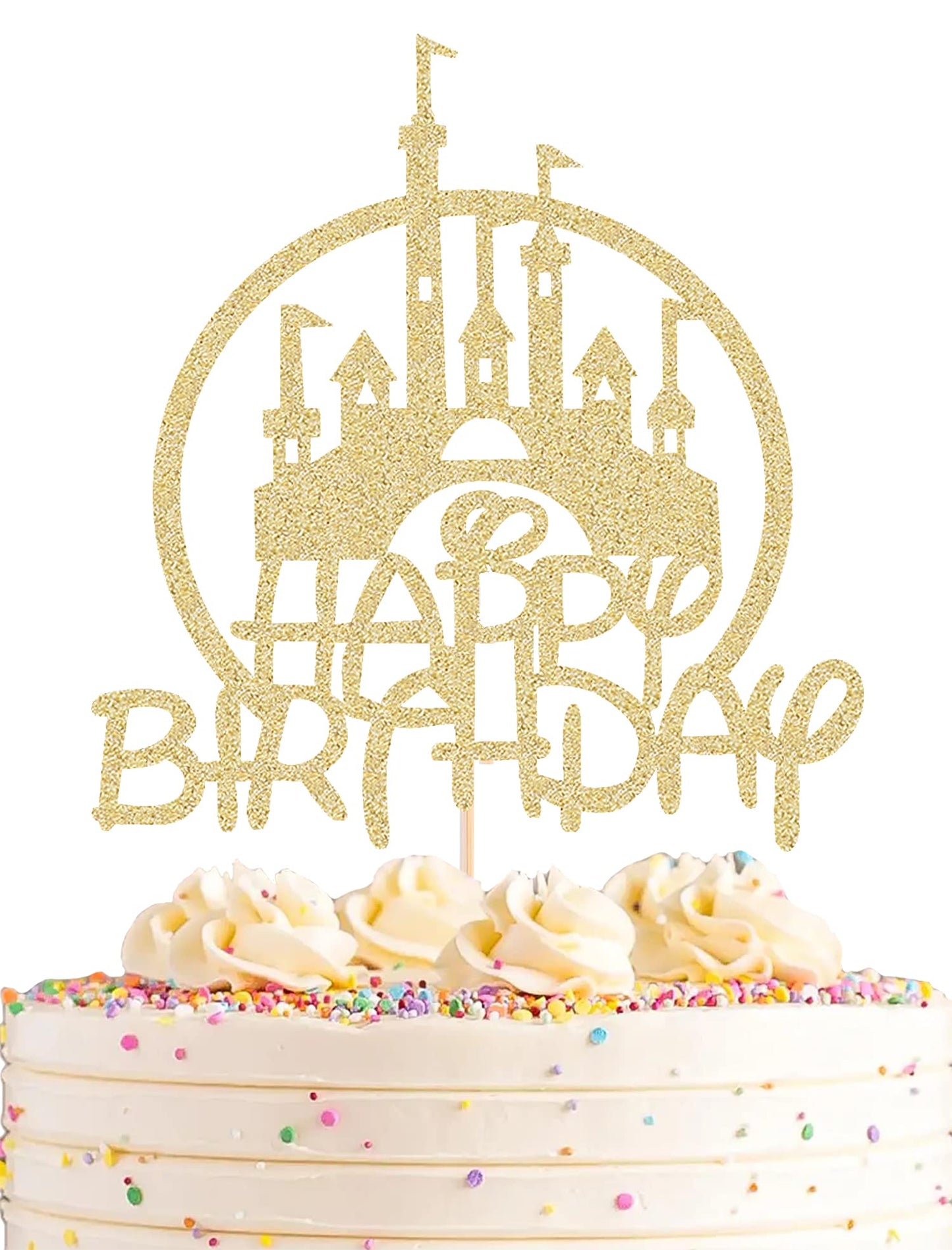 Castle Birthday Cake Topper - Gold Glitter Castle Theme Birthday Party Cake Decoration Supply - Princess Prince Happy Birthday Cake Topper Photo Prop