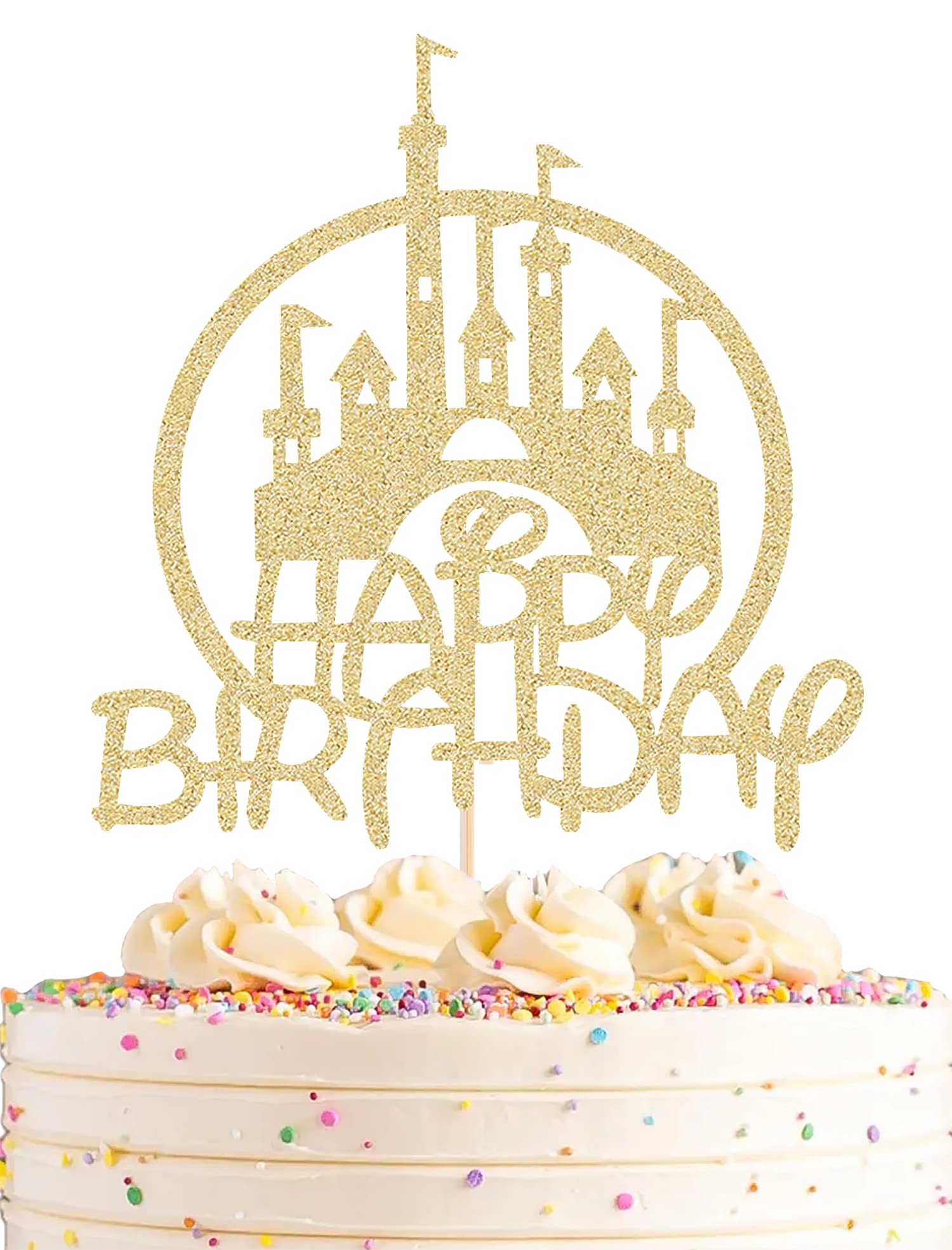 Castle Birthday Cake Topper - Gold Glitter Castle Theme Birthday Party Cake Decoration Supply - Princess Prince Happy Birthday Cake Topper Photo Prop