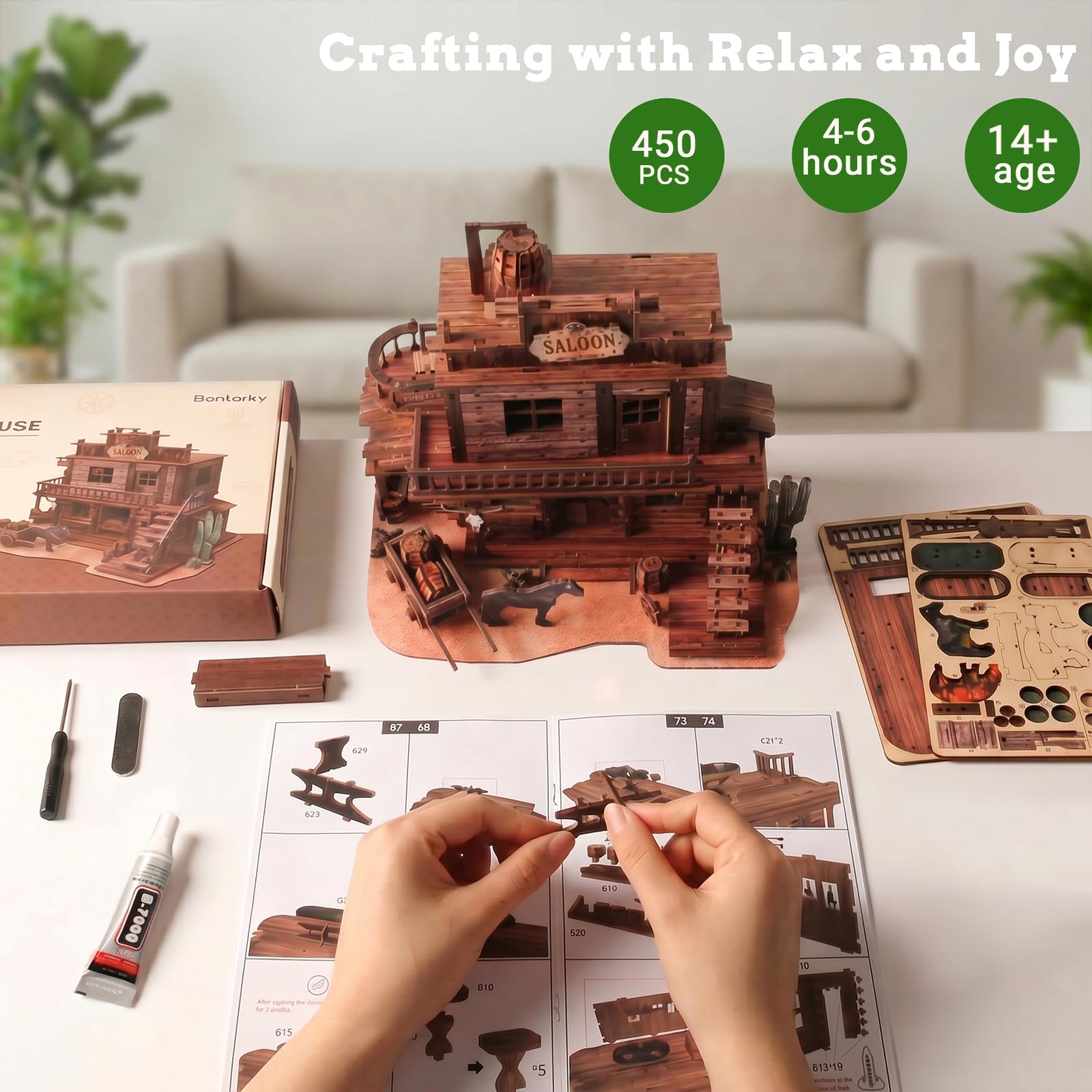 Benlarky 3D Wooden Puzzle for Adults Western Saloon Miniature House Kit, 450 PCS DIY Bookshelf Decor, Wild West Book Nook Building Kit Wood Craft