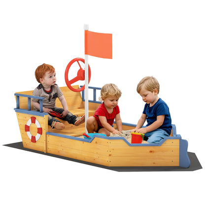 Outsunny Wooden Kids Sandbox Ship-Shape Outdoor Sandboat Natural Wood