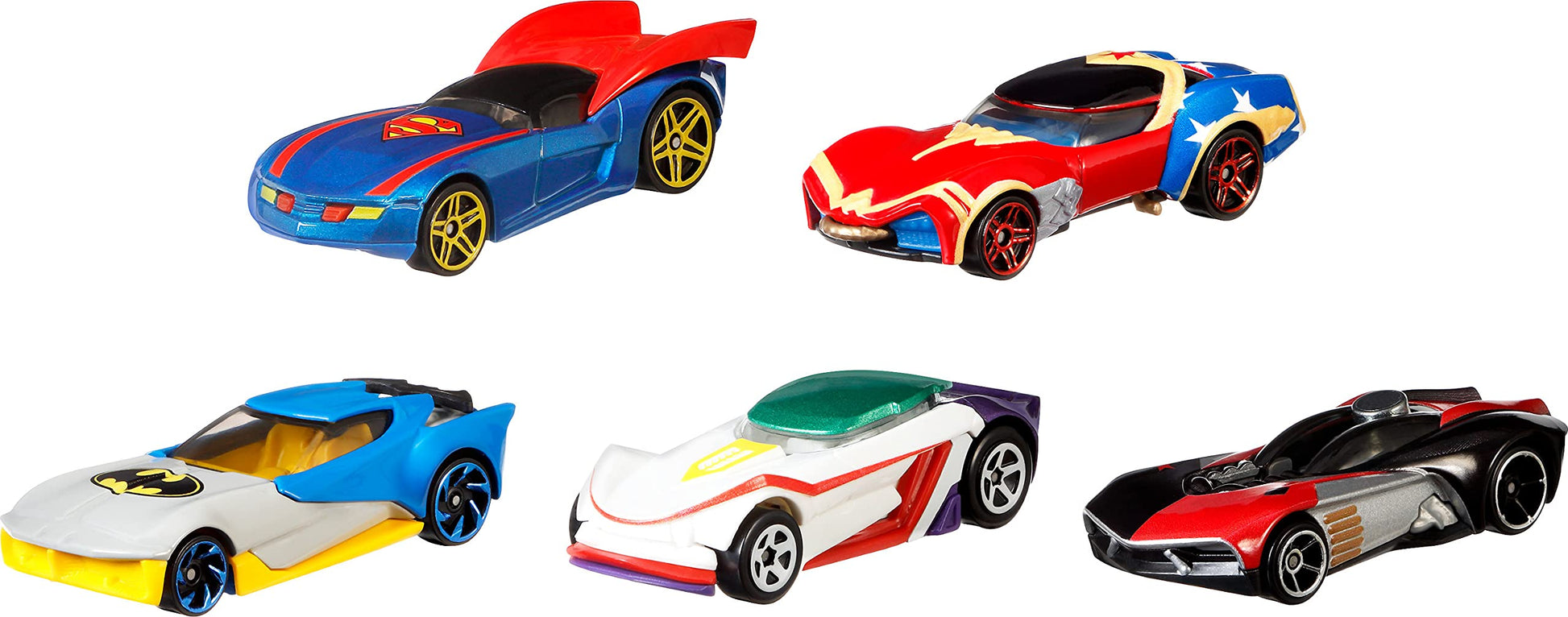 Hot Wheels Toy Cars 5-Pack, Set of 5 DC Character Cars in 1:64 Scale: Superman, Batman, Wonder Woman, The Joker GT & Harley Quinn