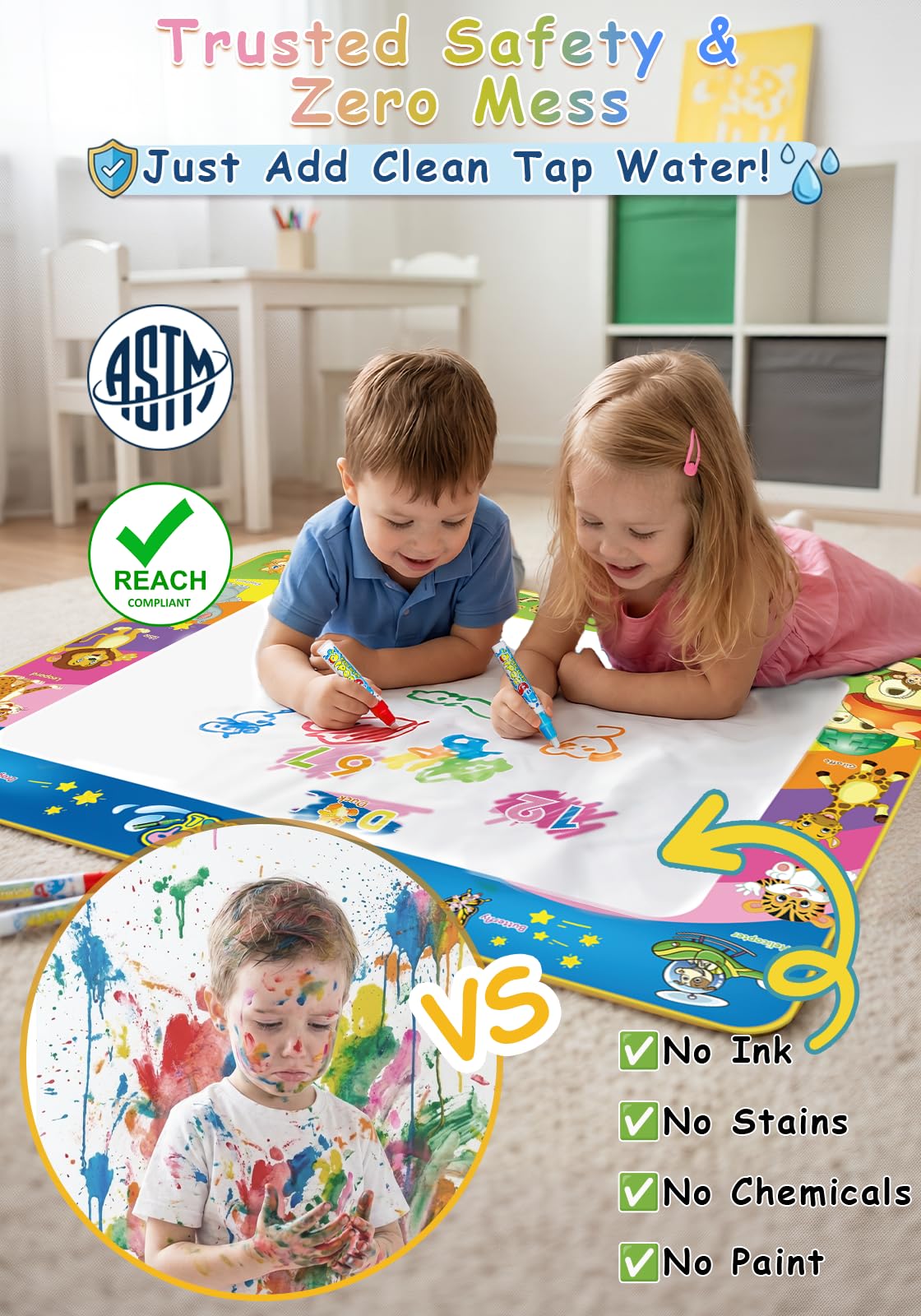 Wedopro Water Doodle Mat 40x30 - Mess-Free Toddler Toys for Ages 3-7 with 27 Pcs | Reusable Water Reveal Educational Drawing Mat for Kids with 24 ABC