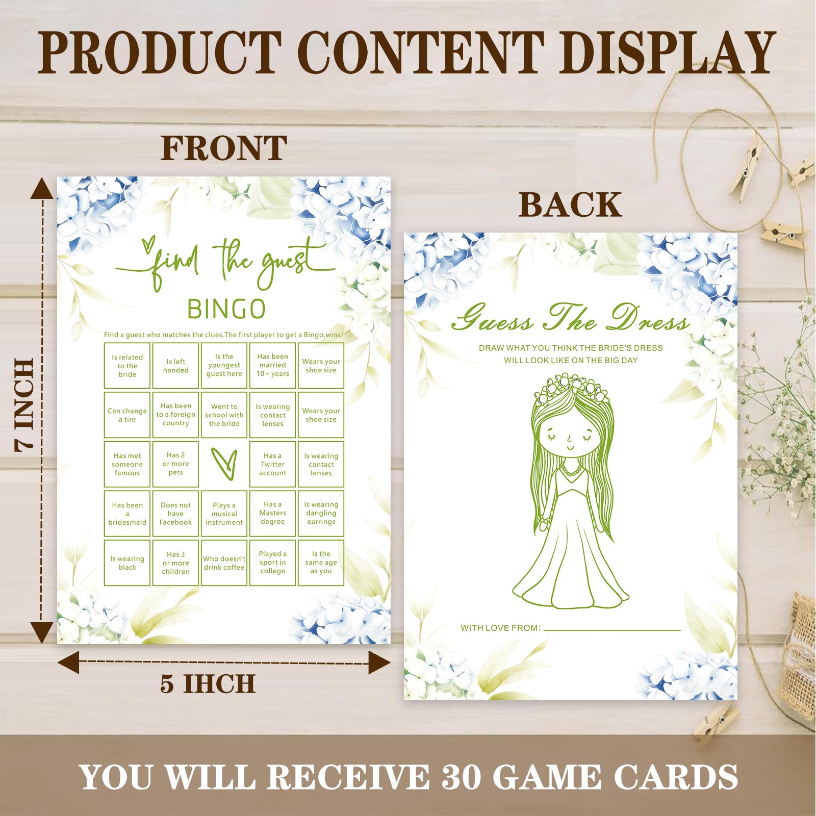 SMOQYKBW Floral Wedding Bingo Game Cards, Bridal Shower Guest Activity with Dress Drawing, 30 Pack, 7 Inch, Blue Hydrangea Design