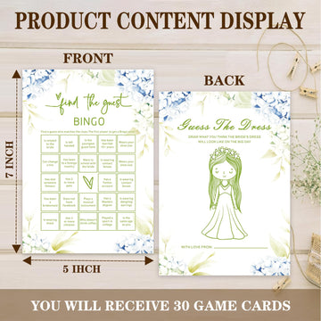 SMOQYKBW Floral Wedding Bingo Game Cards, Bridal Shower Guest Activity with Dress Drawing, 30 Pack, 7 Inch, Blue Hydrangea Design