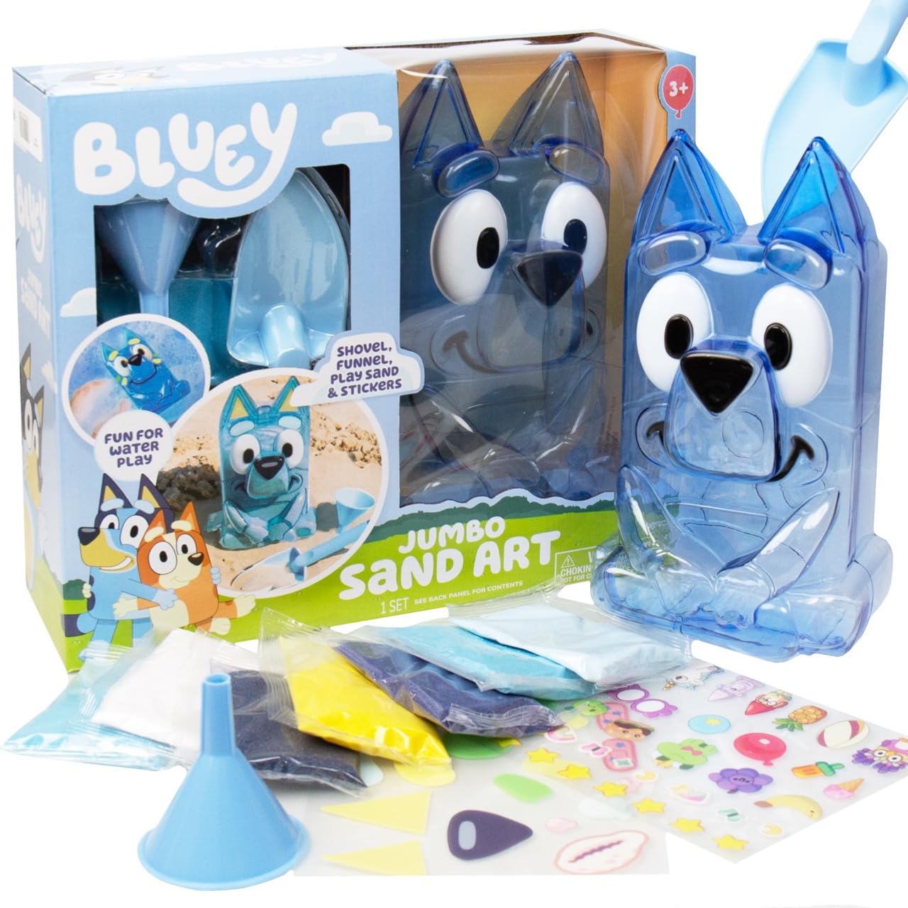 Bluey Jumbo Sand Art, Reusable Bluey Toys, Fill with Sand or Water, Includes Waterproof Bluey Doll, Kids Shovel and Funnel, Fun Sensory Toys for Kids