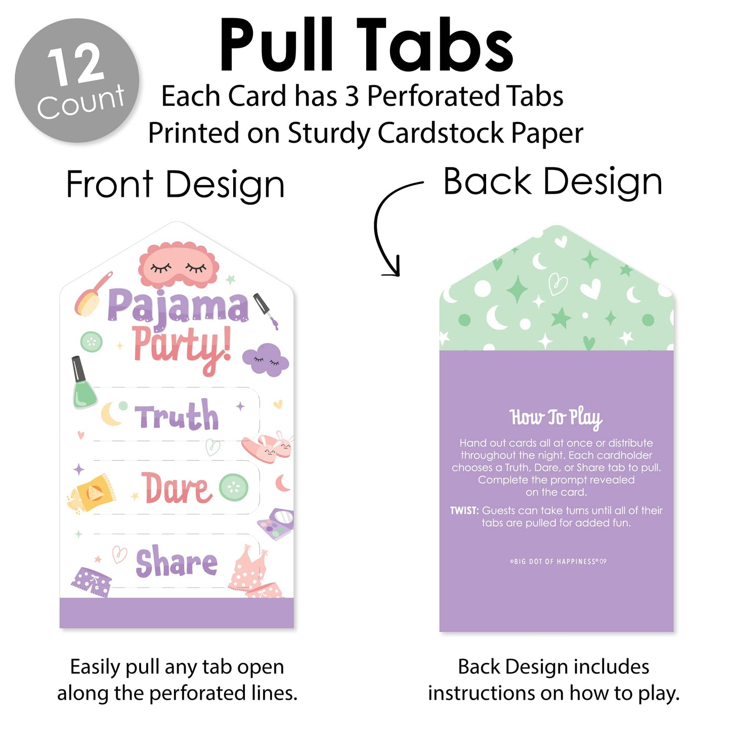 Big Dot of Happiness Pajama Slumber Party - Girls Sleepover Birthday Party Game Pickle Cards - Truth, Dare, Share Pull Tabs - Set of 12