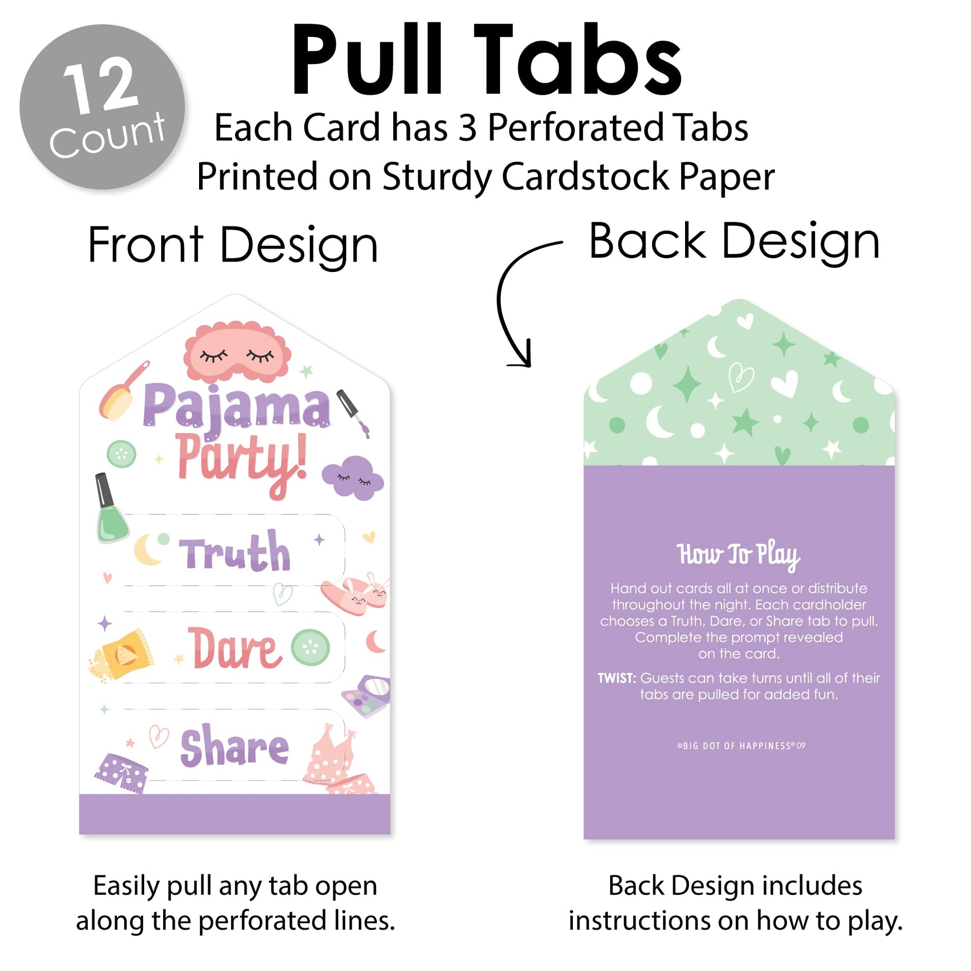 Big Dot of Happiness Pajama Slumber Party - Girls Sleepover Birthday Party Game Pickle Cards - Truth, Dare, Share Pull Tabs - Set of 12