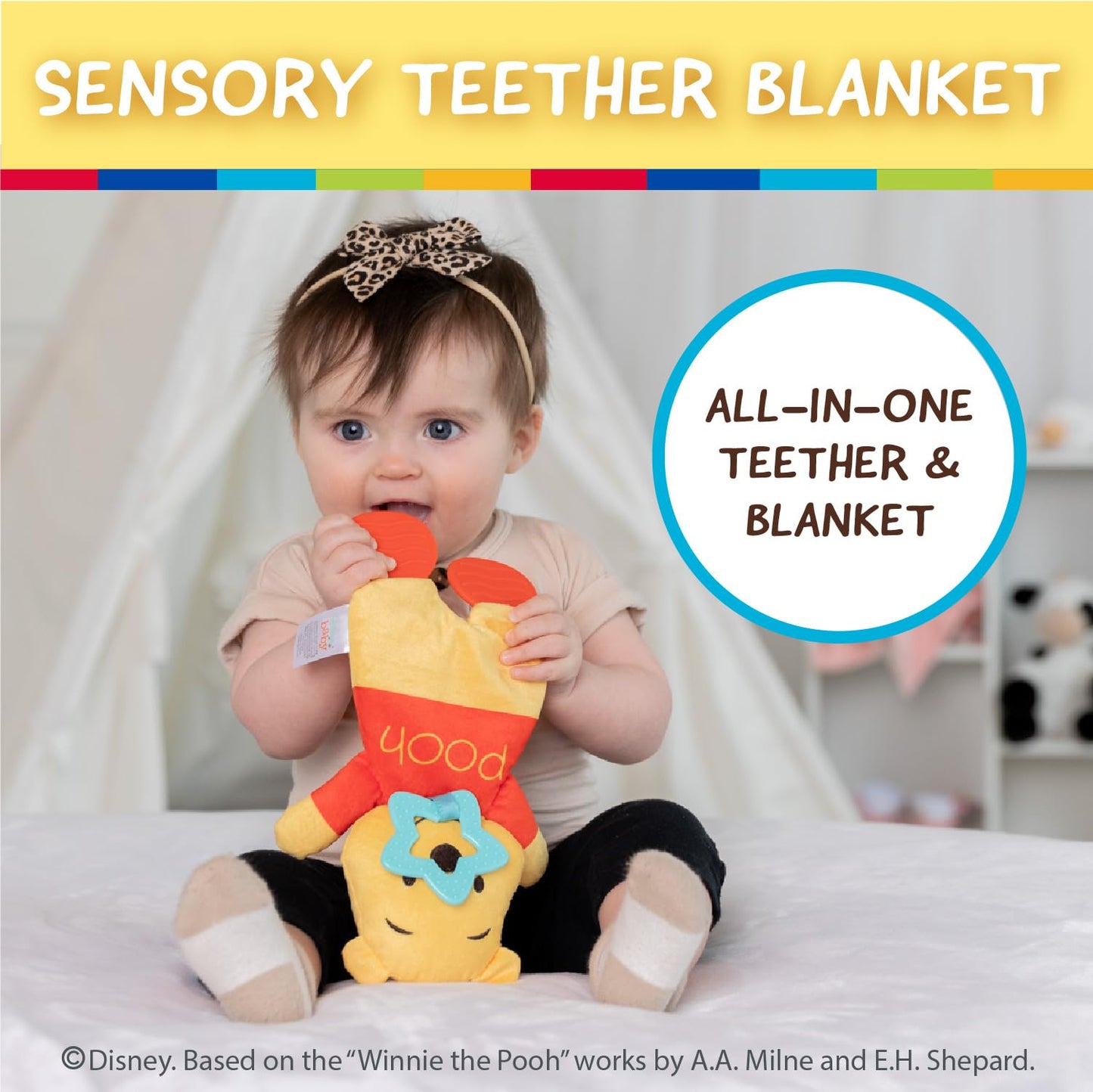 Disney Baby Winnie The Pooh Sensory Blanky with Crinkle and Teether Feet for Infant Baby Boys and Girls