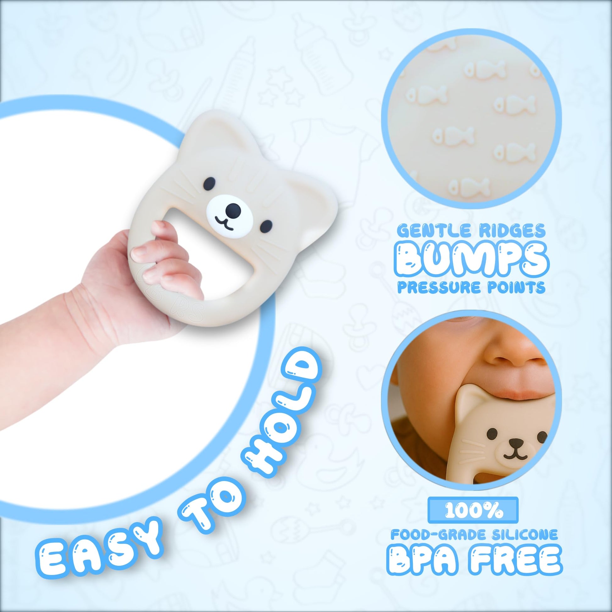 VBRS Baby Teether, Safe Chew Toy for Infants, Soothing Relief for Teething Pain, Cute Animal Shape, Easy Grip for Tiny Hands (Beige Cat)