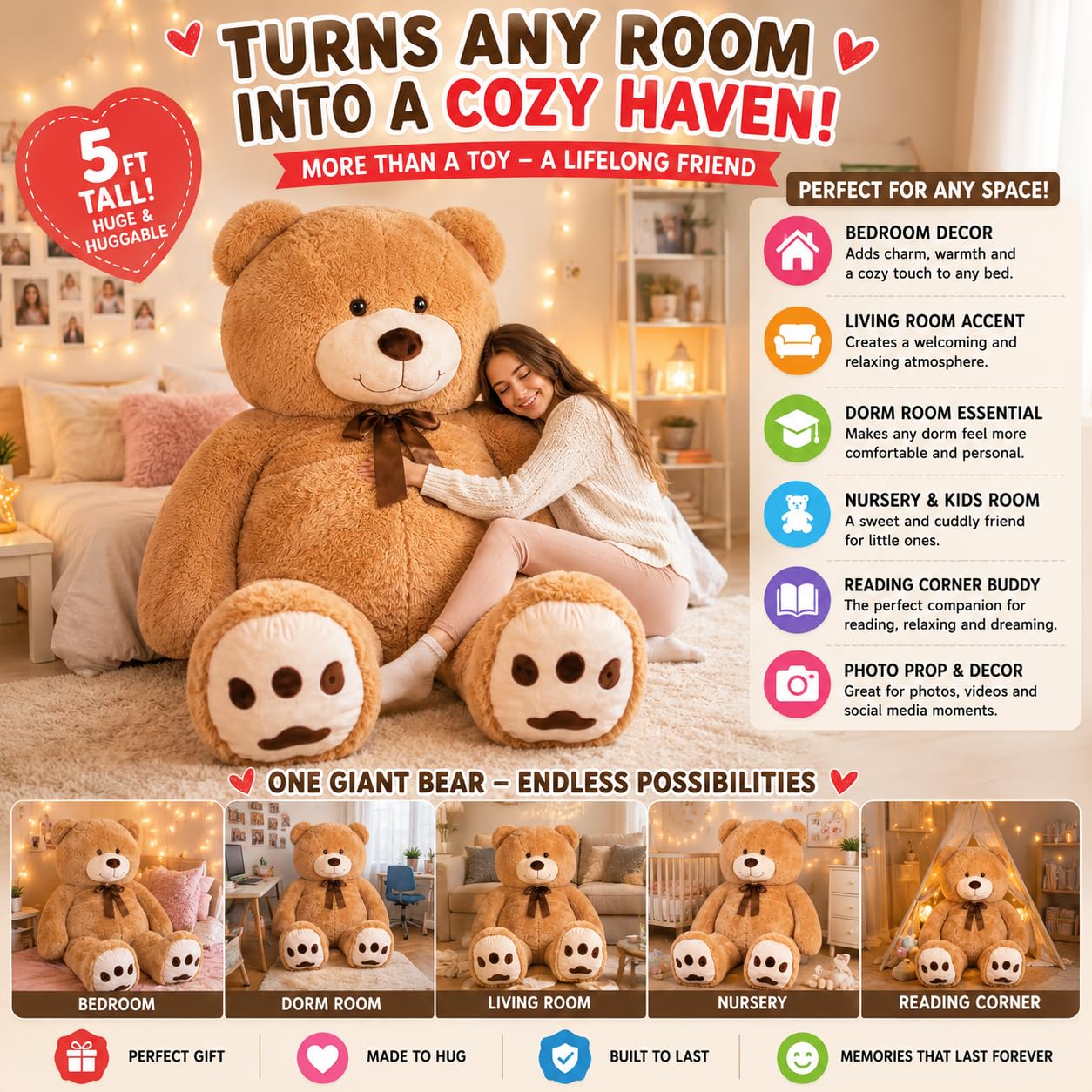 Kangaroo 5ft Giant Teddy Bear Extra Large Stuffed Animal - Giant Brown Plush Toy for Girls & Boys - Big Soft Human Size Jumbo Teddy Bear for Teens