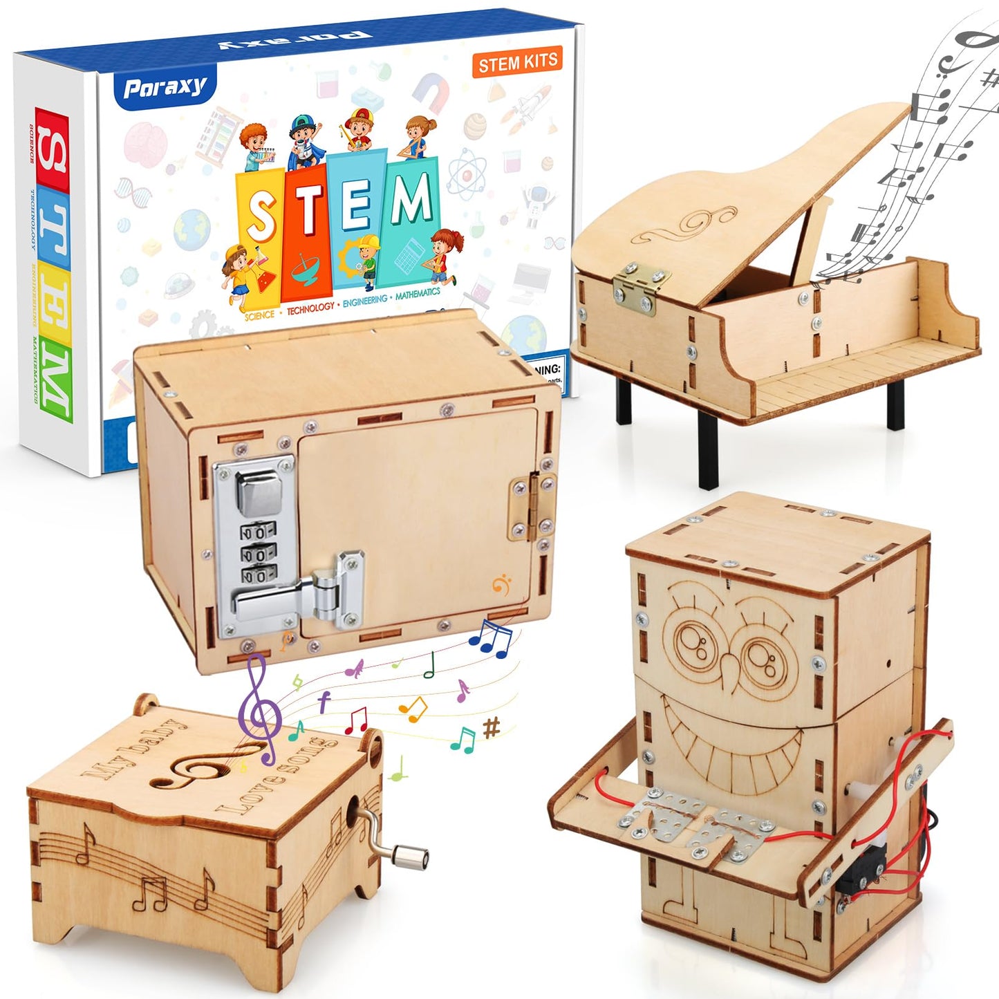 Poraxy 4 Set STEM Kits for Kids Ages 8-10 10-12, Toys for Ages 8-13, Music Box, Robot 3D Puzzle Educational Science Building Projects Crafts, Birthday