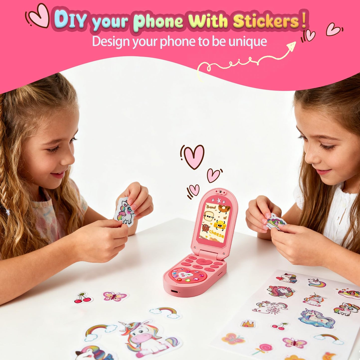 Kids Camera, 3-7 Years Old Girls Gifts, 2.0-inch Flip Phone Digital Camera with 32GB SD Card, DIY Stickers, 1080P Video, Games, Music Player