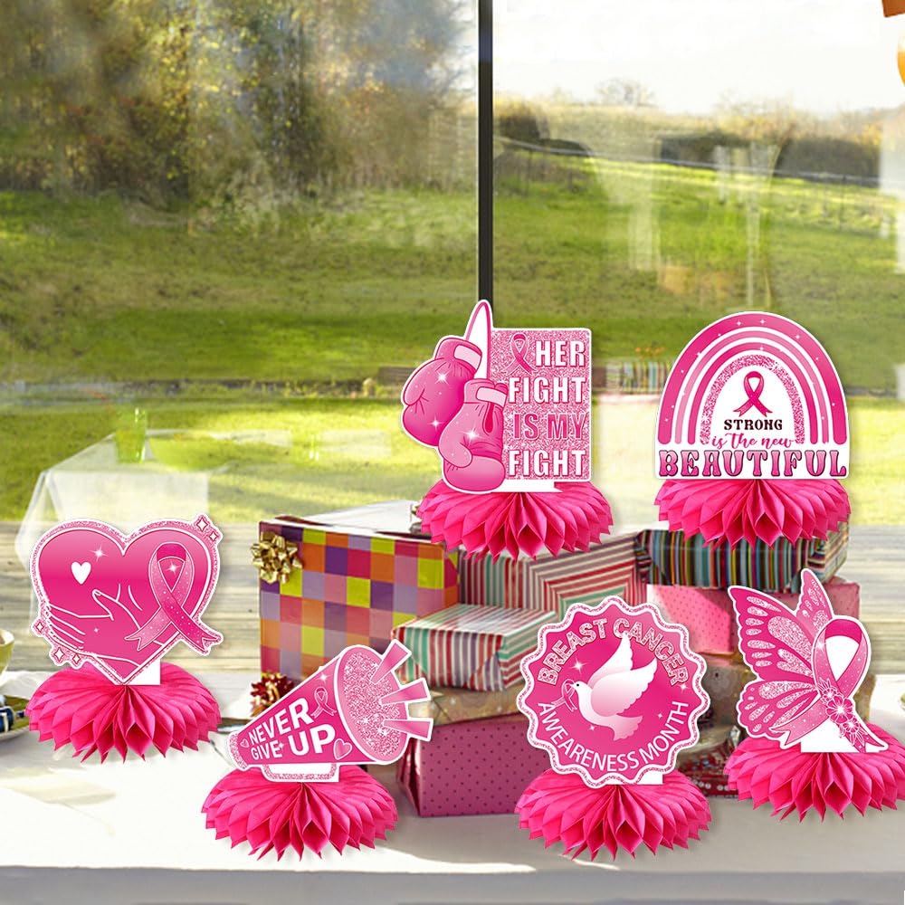LOONELO 9pcs Breast Cancer Awareness Honeycomb Centerpieces Decorations, Pink Ribbon Centerpiece Table Toppers, Faith Strength Courage Table