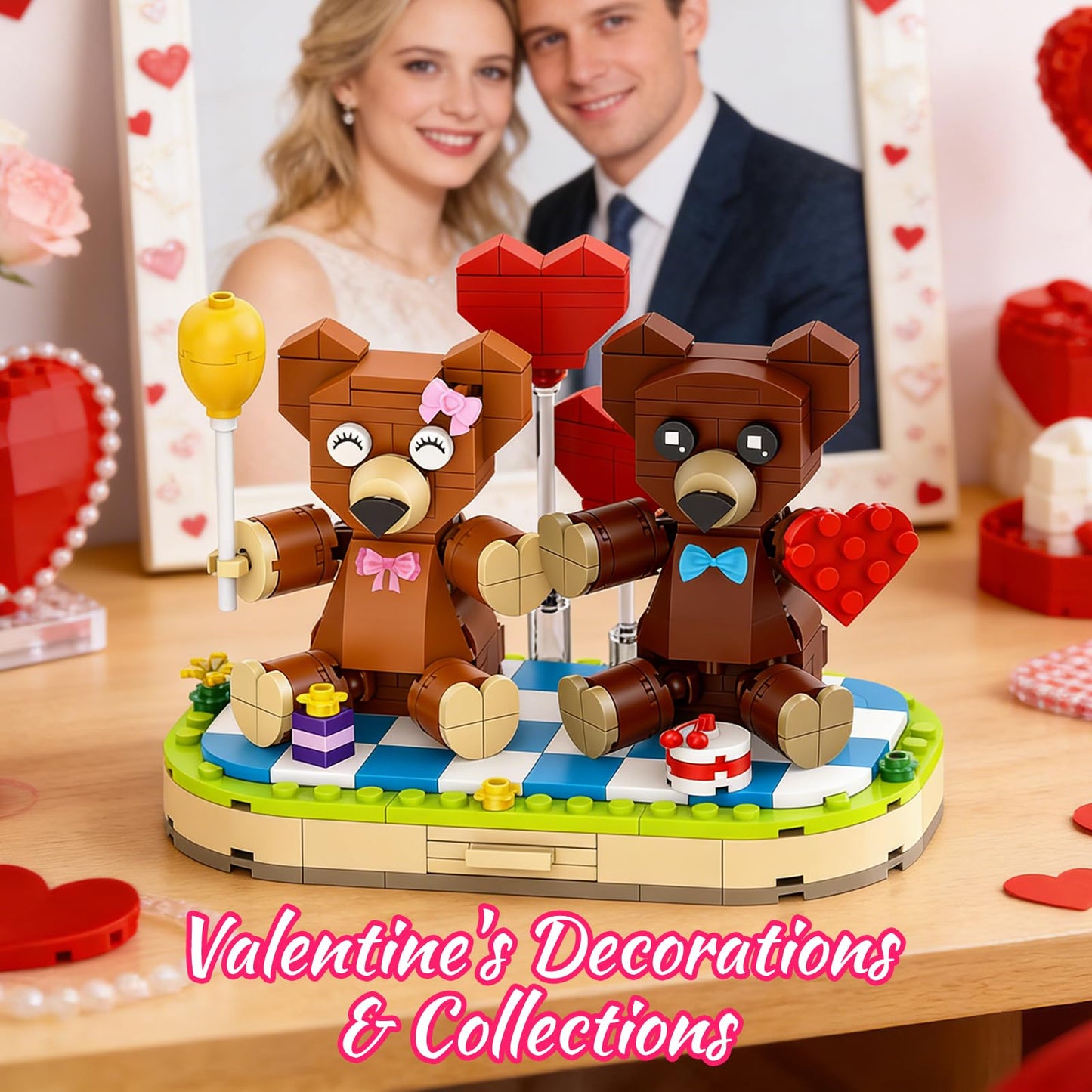 aphpaio Valentine’s Brown Bear Building Toy Sets for Lover, Art Love Collectible Home Wedding Decor, Cute Bears with Heart, Valentines Gift