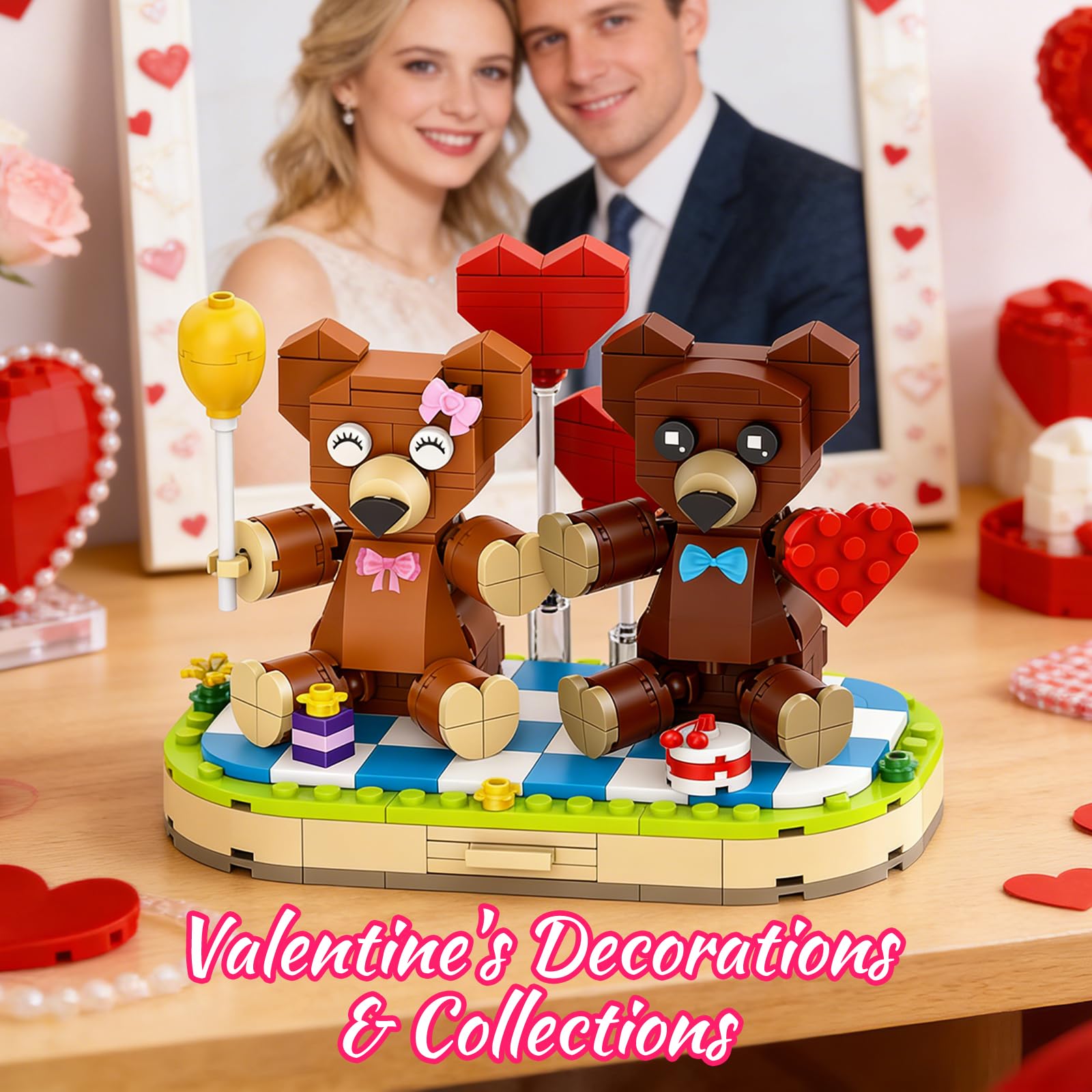 aphpaio Valentine’s Brown Bear Building Toy Sets for Lover, Art Love Collectible Home Wedding Decor, Cute Bears with Heart, Valentines Gift
