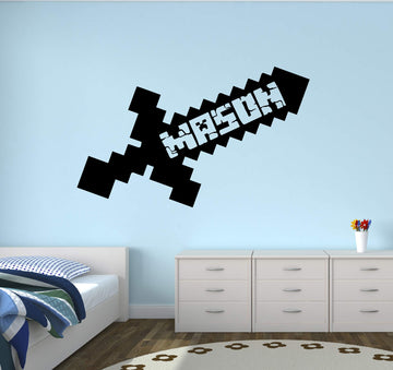 Custom Video Gamer Name Wall Decal - Gaming Sword Bedroom Kids Decor - Boy Art Mural Vinyl Sticker (22"W x 14"H)