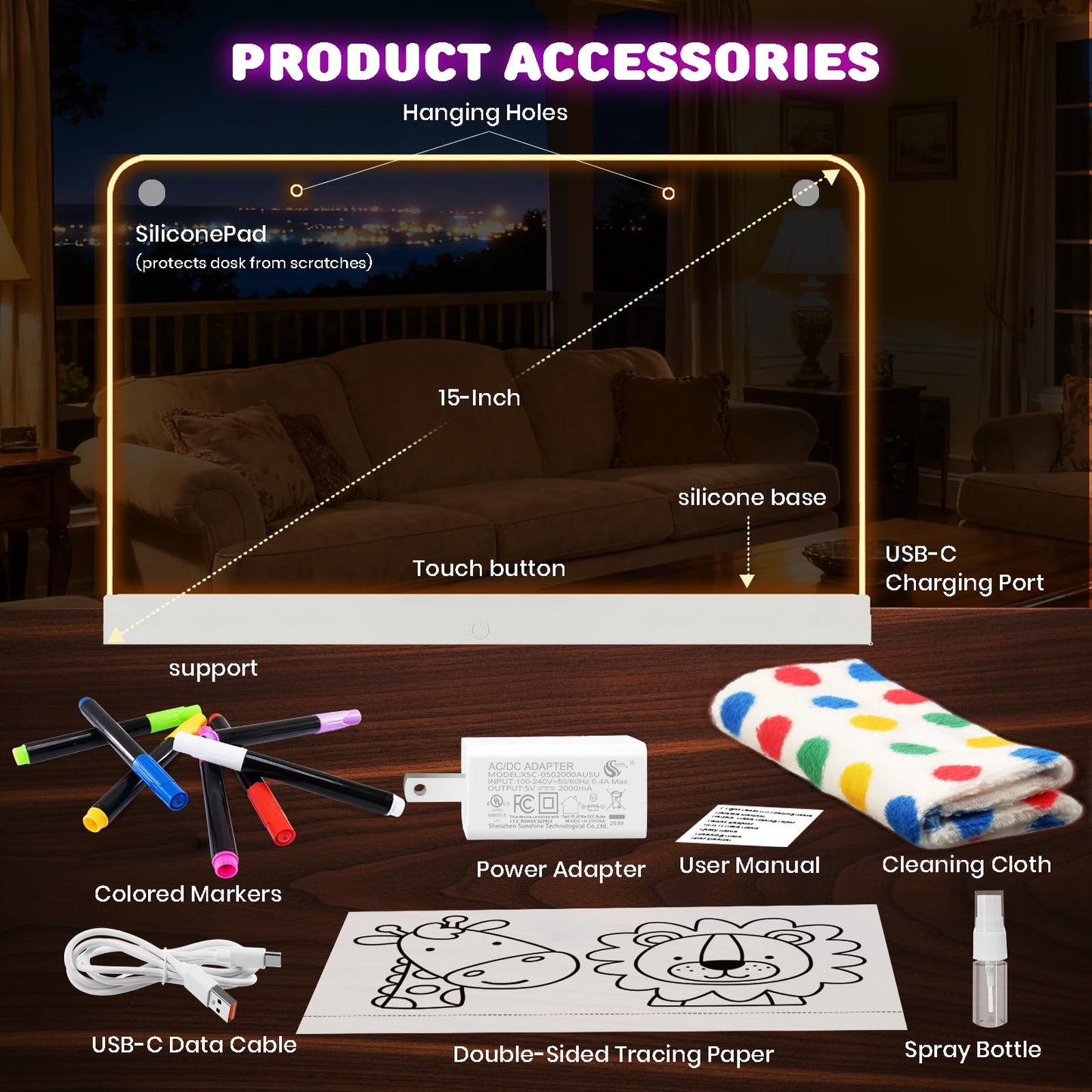 Nuyefo Upgrade LED Drawing Board, Washable Light Up Doodle Board, Acrylic Dry Erase Note Board, led Note Board with Colors, Tracing Pages, with Stand