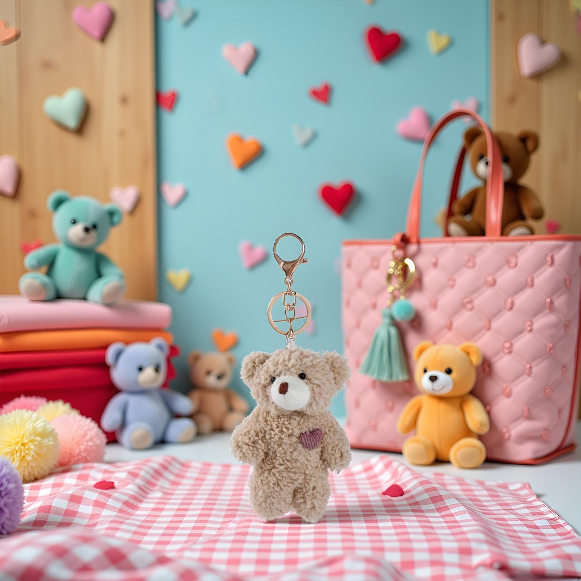 Galepromot Brown Bear Pink Heart Plush Stuffed Keychain For Backpack, Plush Soft Cotton Key Chain For DIY Keychain Crafts Stuffed Animals,Car