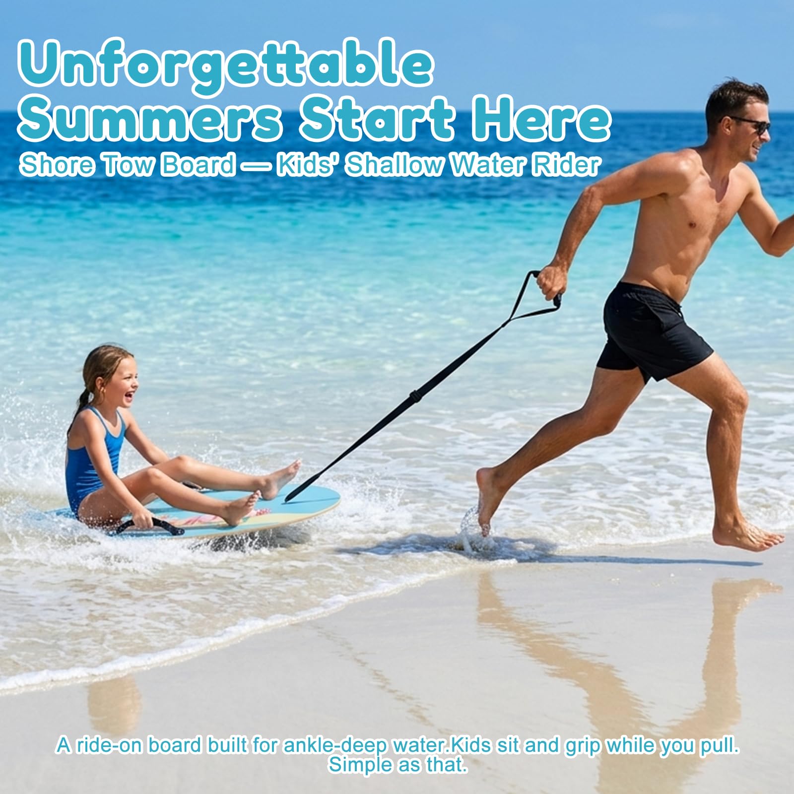 AAKQ Skimboard with Handles Tow Rope,Shore Tow Board Summer Beach Toy for Kids&Parent-Child Outdoor Lawn Interactive Pull-Along Shallow Water Rider