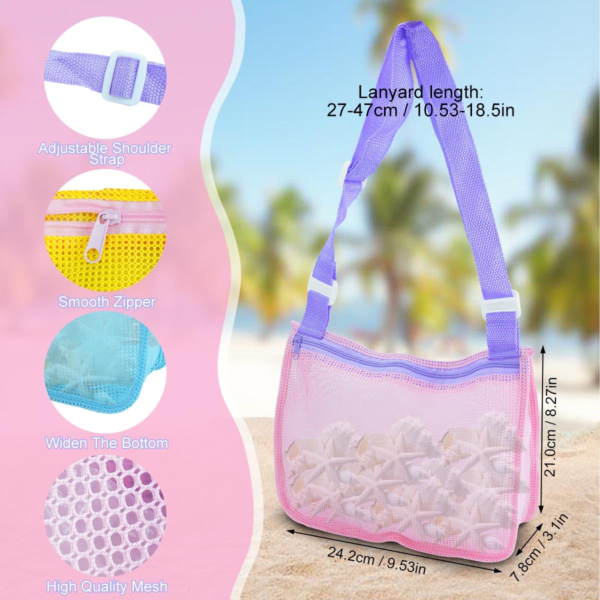 NEUROVYRAL 3 Pcs Seashell Collecting Bag for Kids, Beach Bag Beach Toys with Zipper Collapsible Mesh Adjustable Shoulder Straps for Kids Picking Up