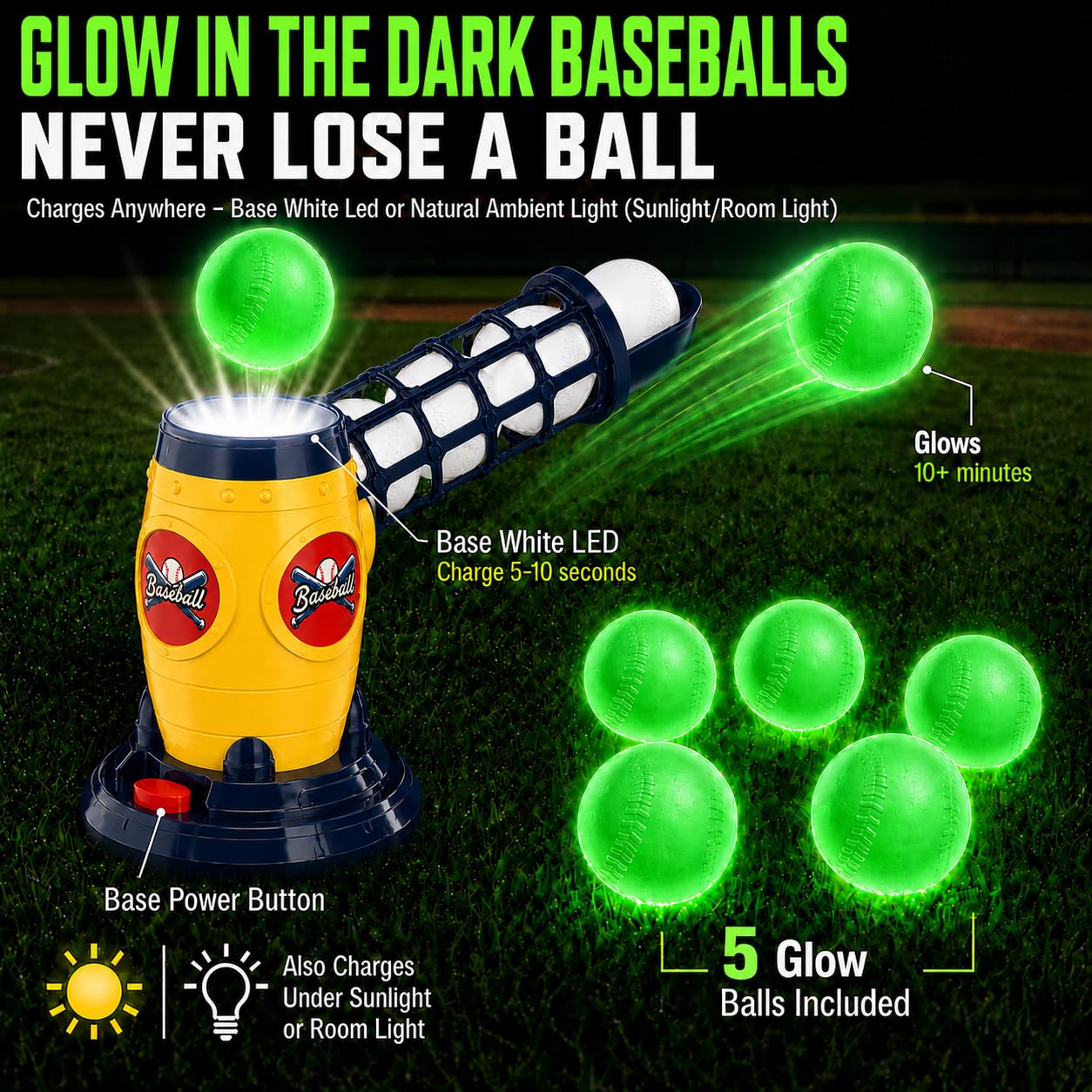 Kids Baseball Auto Pitching Machine T Ball Set, Remote Bat, 5 Glow Balls