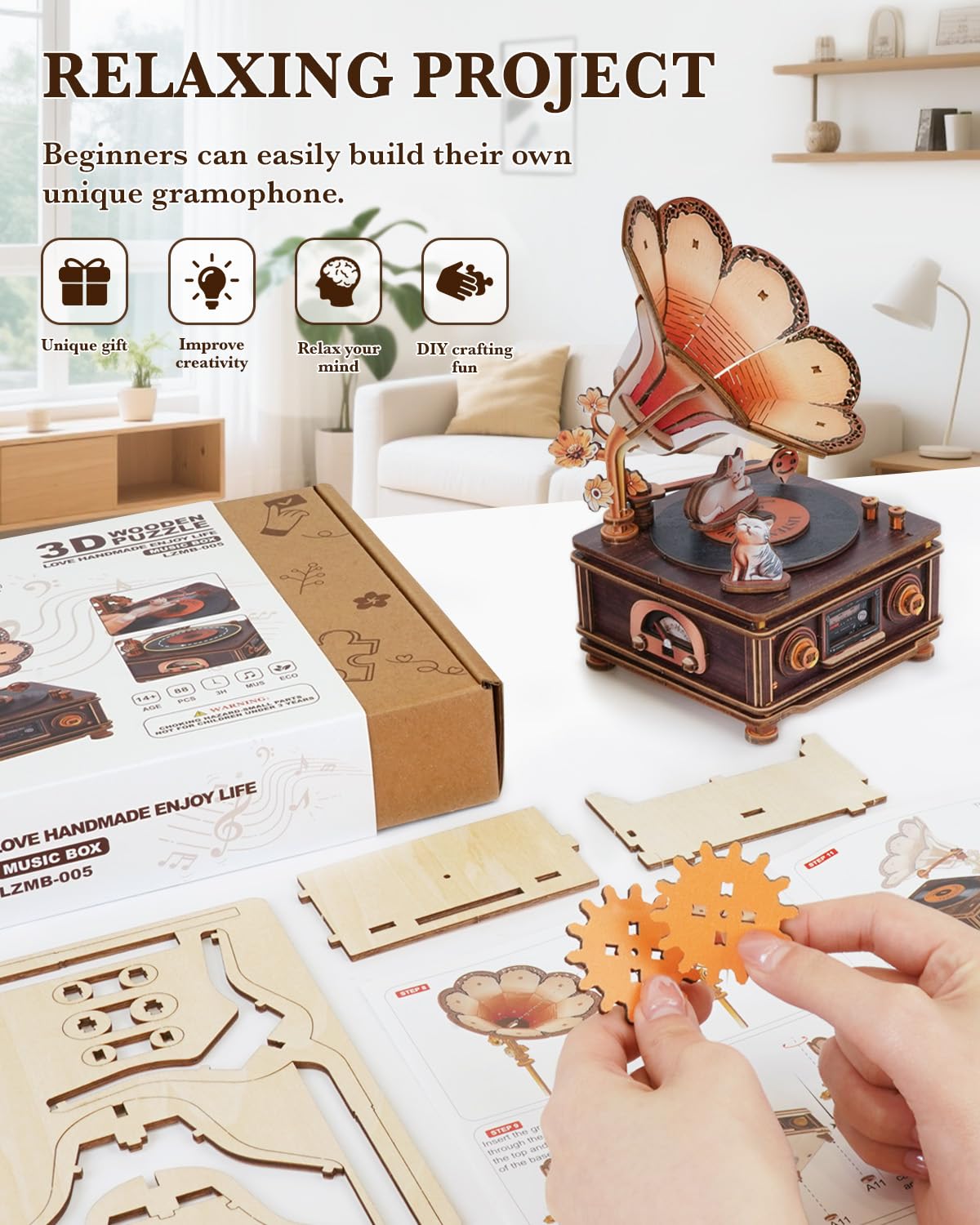 Rnfinewow 3D Puzzles for Adults, Wooden Cat Gramophone Music Box Handmade Model Kit DIY Crafts, 3D Wooden Music Box Puzzles Vintage Gramophone